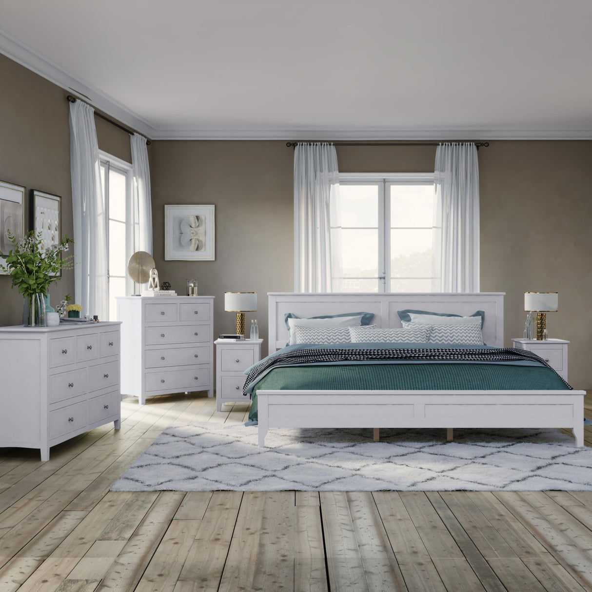 SOFTSEA Elegant White Solid Wood 5-Piece King Bedroom Set with Platform Bed, Dresser, and Nightstands SOFTSEA
