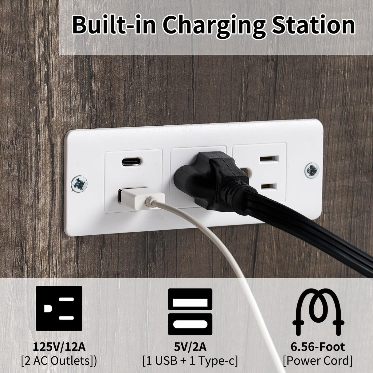 LUXOAK Murphy Bed Queen Size Cabinet Bed with Charging Station, Large Storage Drawer for Home Office or Small Room, Hideaway Bed Full Foldable Platform Bed, Rustic Grey LUXOAK