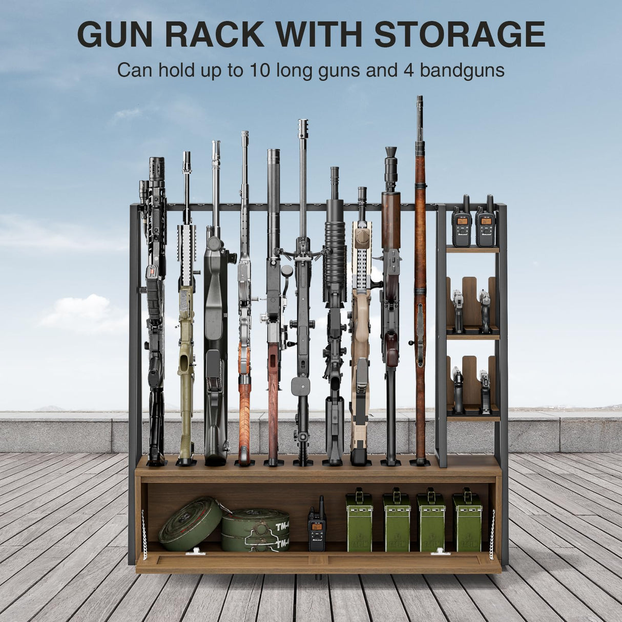 Giluta Gun Rack, Wooden Gun Display Stand with Pistol Rack, Gun Rack Storage Display Floor Standing Shotgun Rack for Home or Garage, Holds up to 10 Long Guns and 4 Handguns Giluta