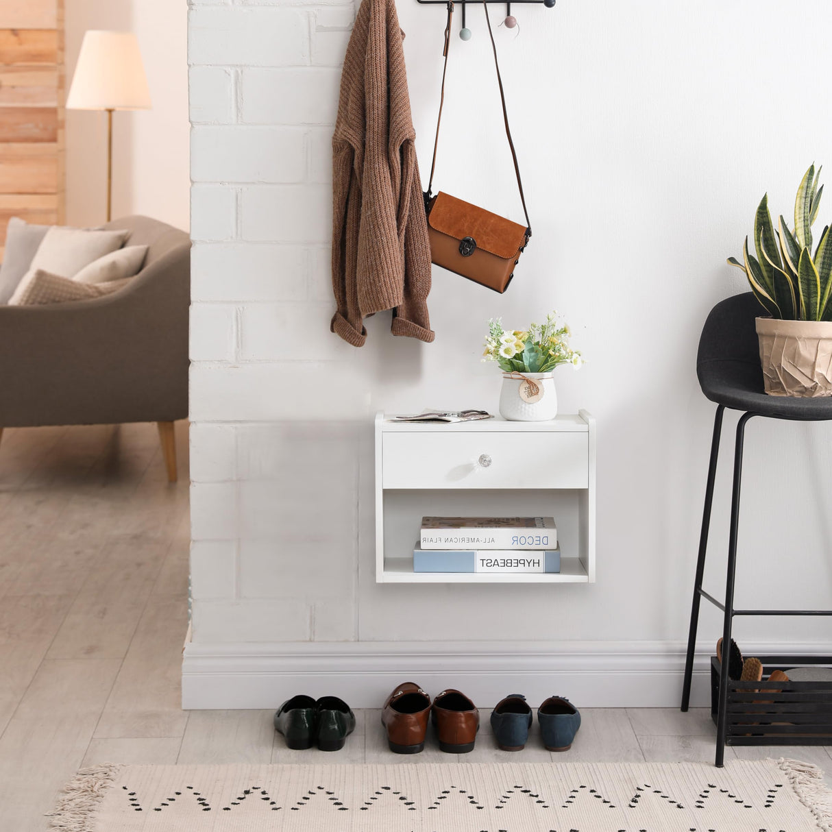 BWEISHOME Floating Nightstand with Drawer, White Nightstand Floating Bedside Table, Wall Mounted Nightstand Floating Night Stand Floating Side Table, Floating Shelves Bedroom KTZ04W BEWISHOME