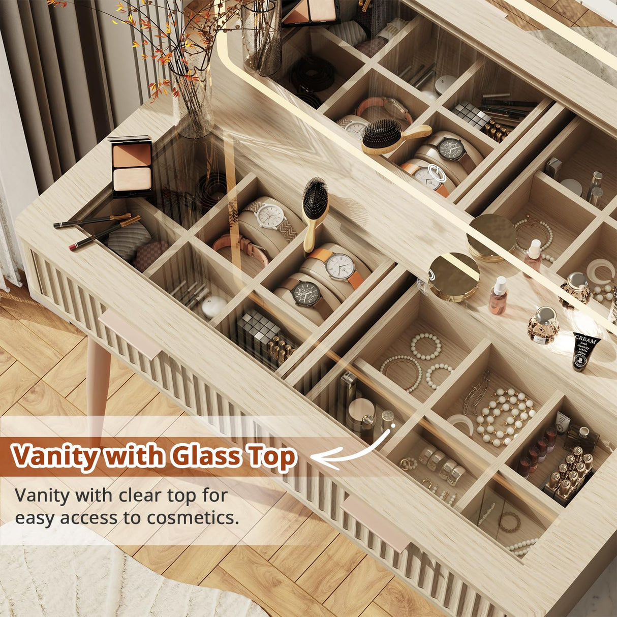 MODNEST 48" Vanity Desk with Mirror and Lights, Fluted Makeup Vanity Desk with 3 Drawers and Shelves, Dressing Table with Clear Glass Top for Bedroom, 48"x15.7"x53.5",Oak Color MODNEST