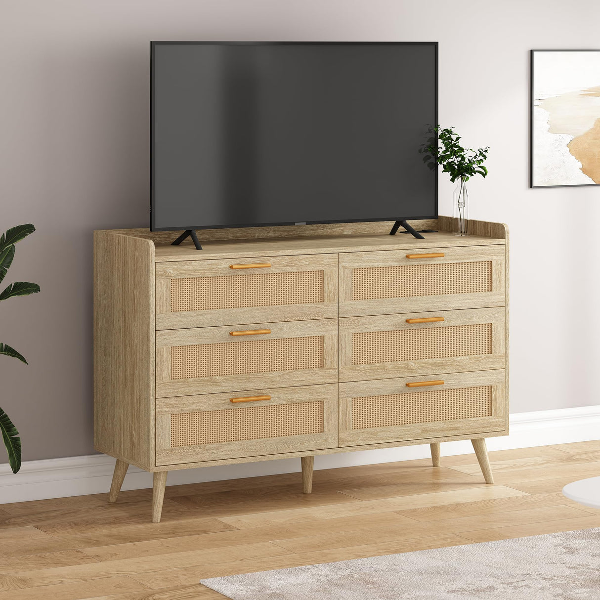 FUSOU 6 Drawer Dresser for Bedroom, Rattan Modern Dresser with Power Outlet, Wide Desktop Chest of Drawers Anti-tip, Oak Wood Storage Closet Dressers for TV, Living Room, Hallway, Entryway, Oak FUSOU