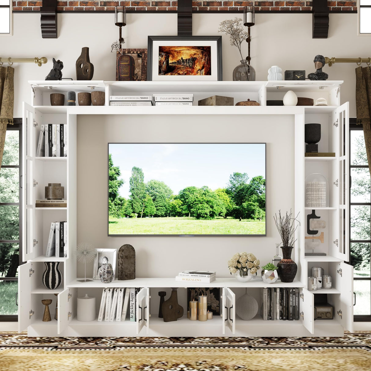 ECACAD Wall Unit Media Console Entertainment Center with 12 Doors, Large TV Stand Set with Tempered Glass Doors and Adjustable Shelves for Living Room, White (96.9”W x 15.7”D x 78.7H) ECACAD