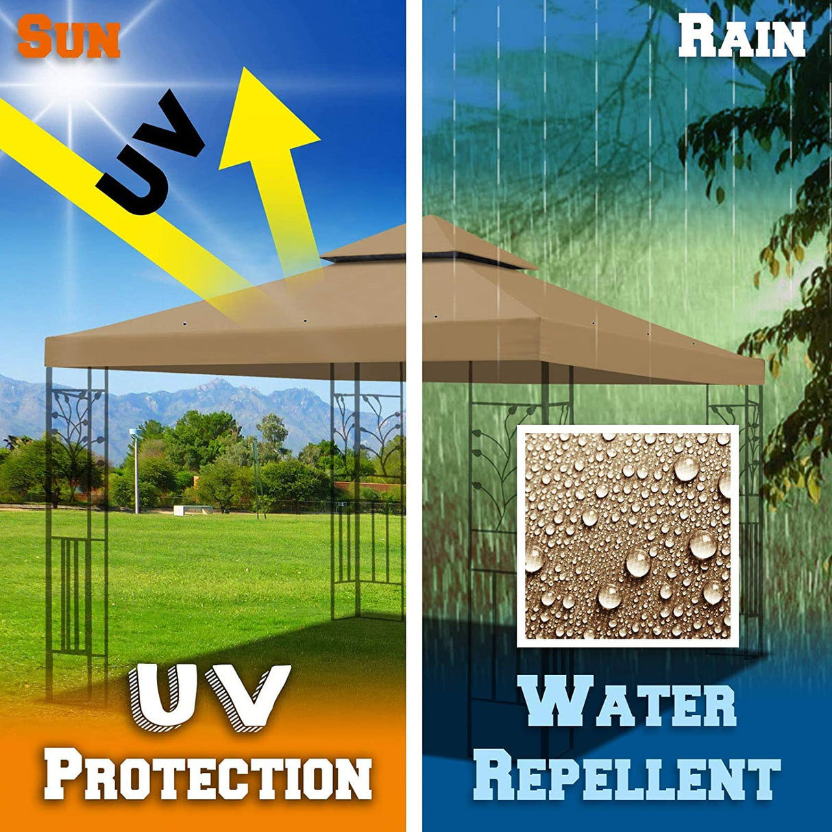 YardGrow 10x10 FT Gazebo Replacement Canopy Top Cover 2-Tiered Upgraded Patio Sunshade UV Protection, Canopy Cover ONLY (Tan) YardGrow