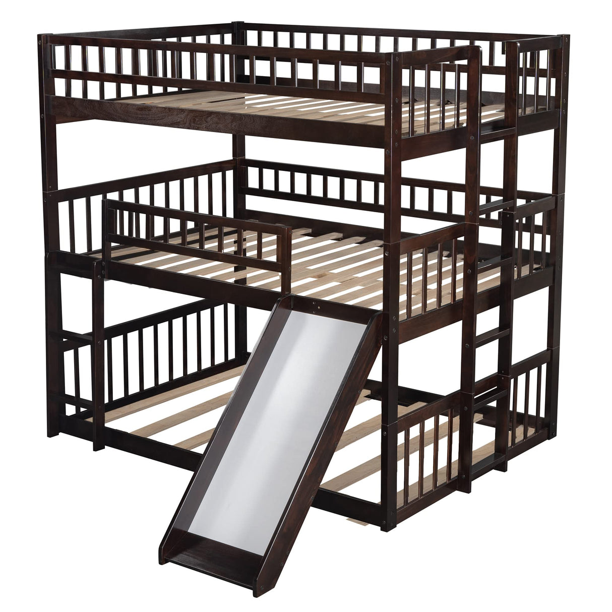 Triple Bunk Beds with Slide ,Wooden Bunk beds Full Over Full Over Full ,Floor Triple Bunk Bed with Ladder & Guardrails for kids /Teens/Adults,Can be Convertible to 3 Beds ,Espresso Harper & Bright Designs