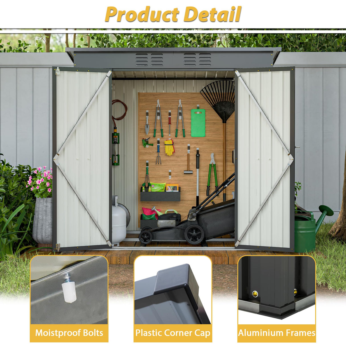 6x4 FT Outdoor Metal Storage Shed with Frame Floor & Sloping Roof, Lockable Double Door, Weatherproof Steel Garden Shed for Tools, Lawn Equipment & Patio Supplies Mulinsonfly
