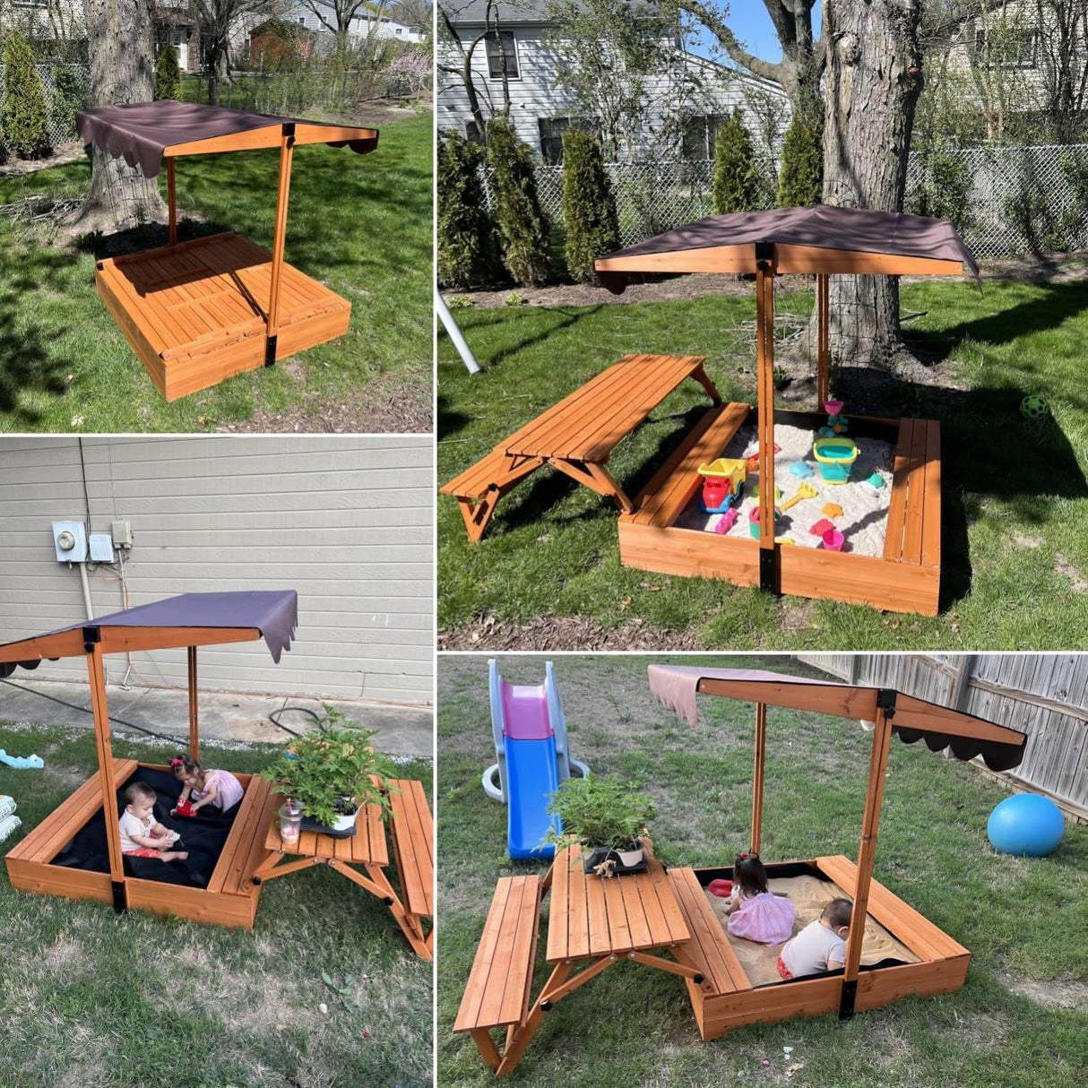 Sand Box Kids Sandbox Outdoor with Lid Cover with Kids Picnic Table Foldable Sand Pit FunXplore