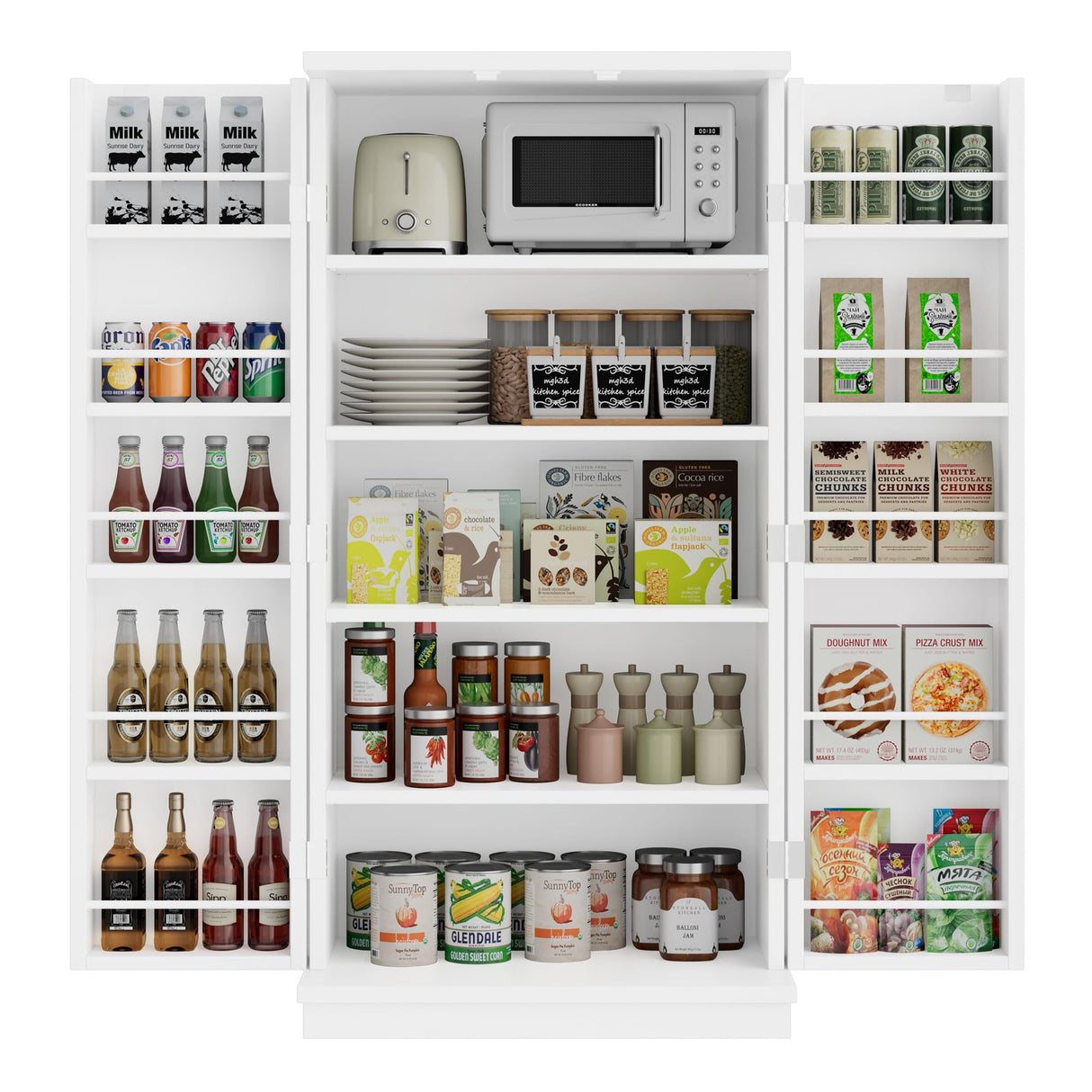 Meilocar 47in Kitchen Pantry Cabinet, Wood Kitchen Storage Pantry Cabinets Freestanding Pantry Cabinet with Doors & Adjustable Shelves, Pantry Cabinet for Kitchen, Living Room, White Meilocar