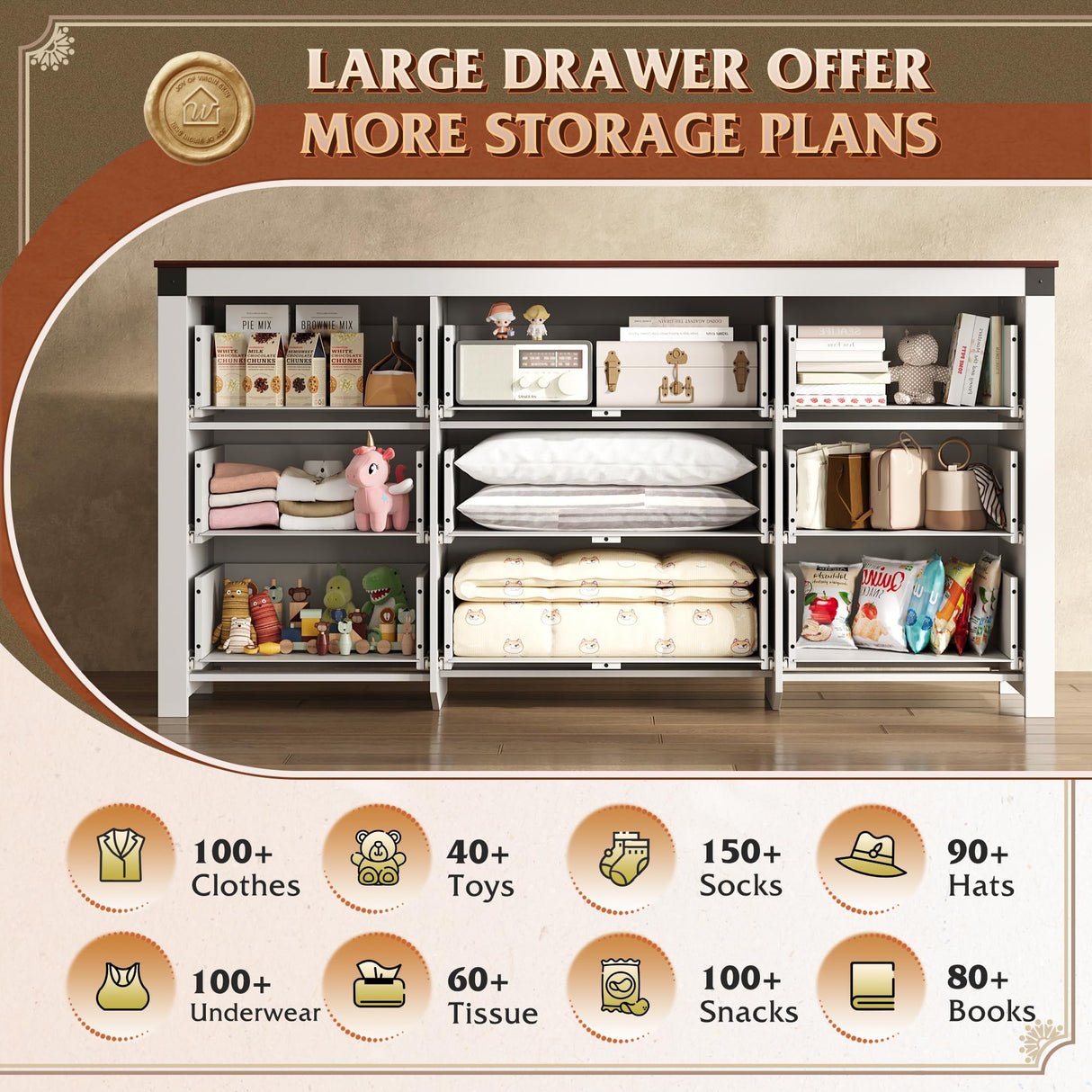 WLIVE Farmhouse Dresser for Bedroom, 63" Wide 9 Drawer Dresser Storage Organizer, Wood Chest of Drawers for Bedroom, TV Stand for 70 inch TV, for Living Room, Hallway, Ball Bearing Slide (White) WLIVE