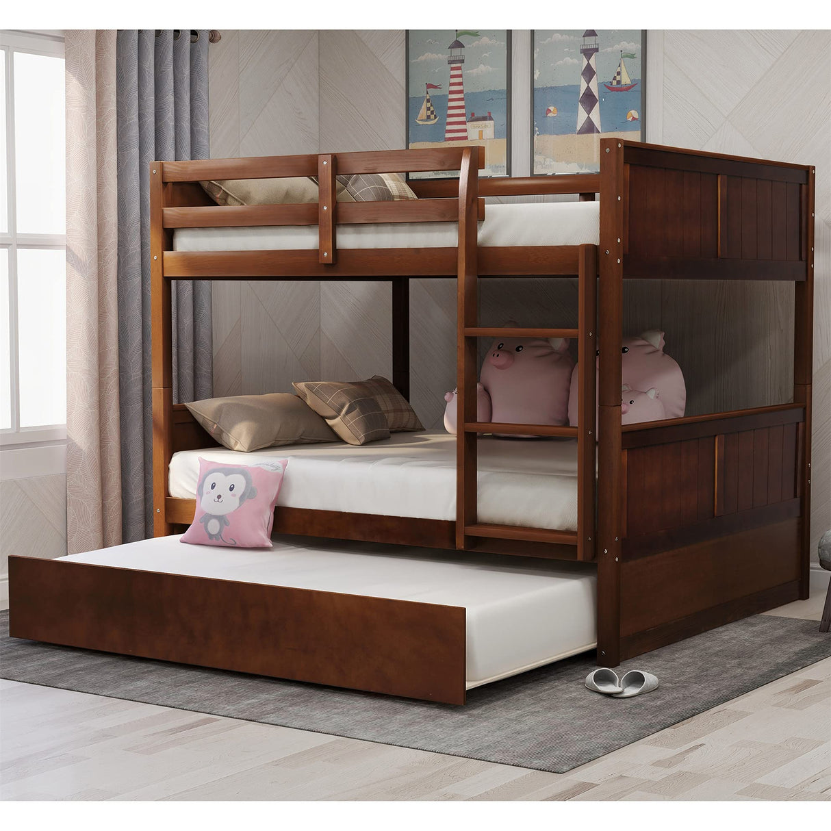 MERITLINE Walnut Full Over Full Bunk Bed with Twin Trundle for Kids and Teens MERITLINE