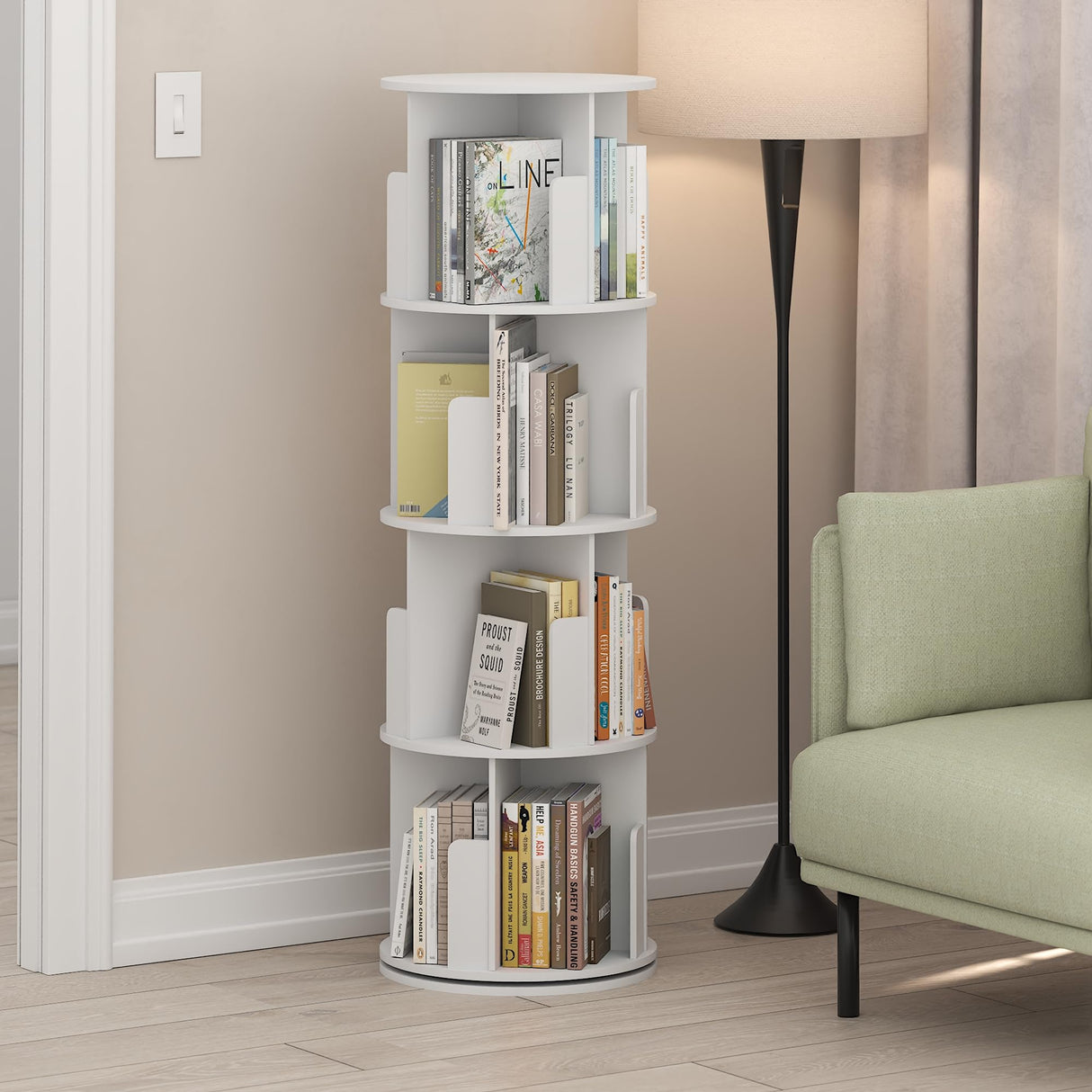 Furinno DALY Rotating Bookshelf Tower, 4-Tier 360 Display Book Shelf, Lazy Susan Revolving Bookshelf, Organizer Bookcase, 15.5 x 15.5 x 50, for Living Room, Bedroom, Home Office, White Furinno