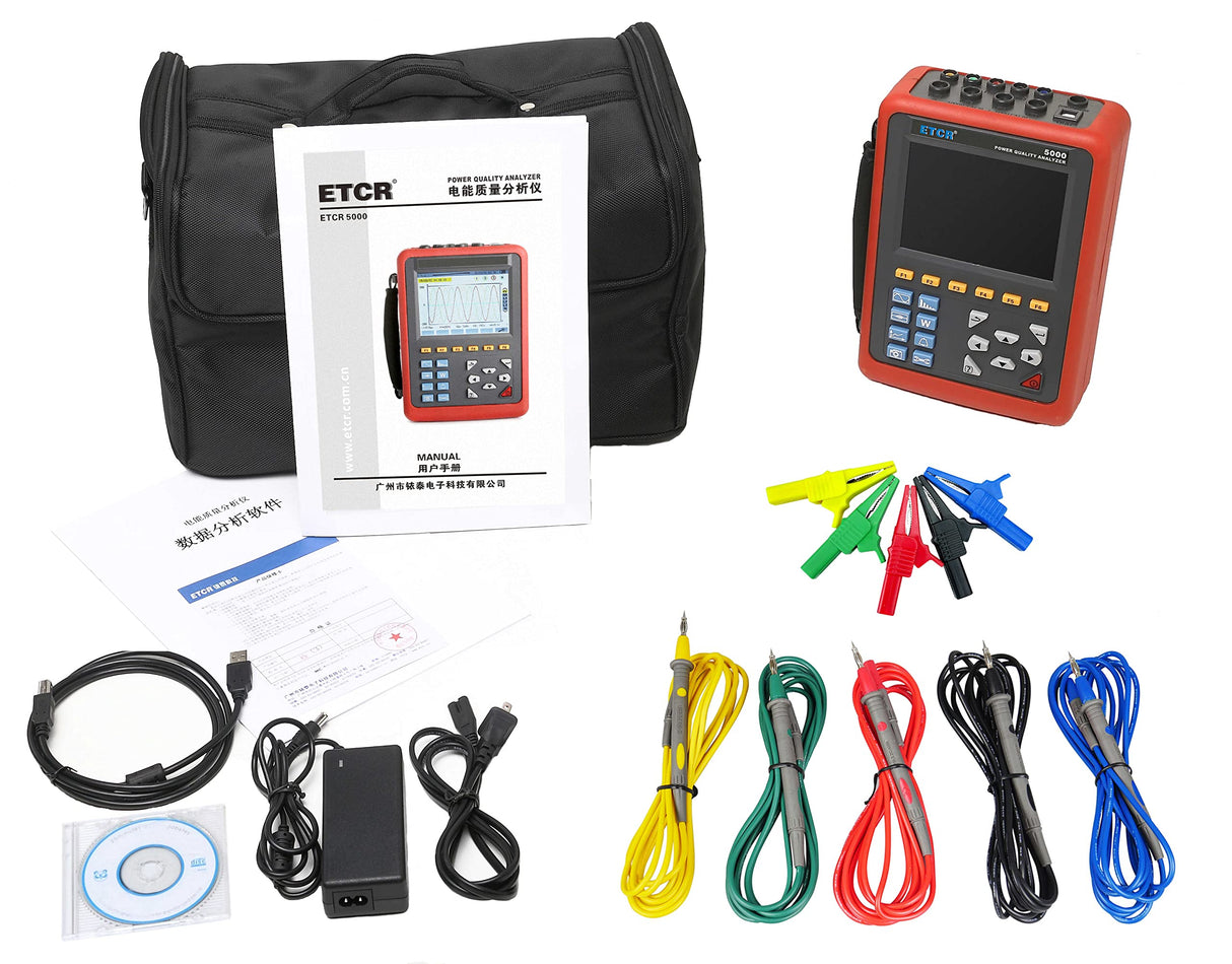 ETCR5000 Power Quality Analyzer 3 Phase Multi-Functional Power Quality Logger with ETCR040B Ф40mm Current Clamp Sensor 4PCS Range 0.10A~100A SULMILE