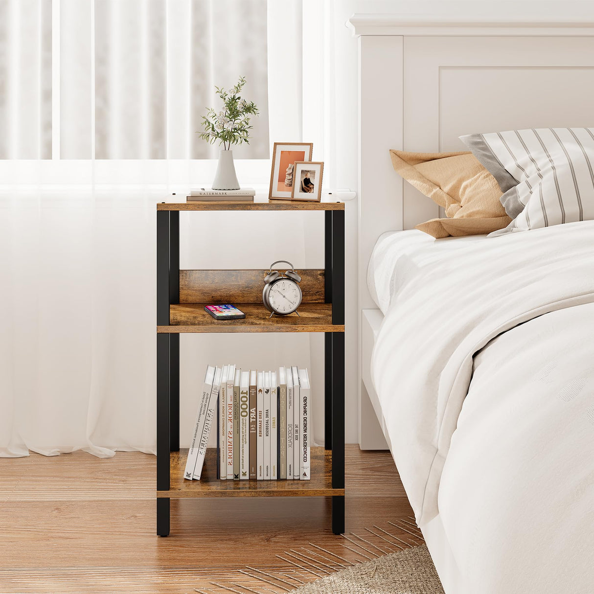 TUTOTAK Record Player Stand with Storage Up to 100 Albums,Record Storage Table,3 Tier End Table,Side Table for Living Room, Bedroom, Brown TB01BB075 TUTOTAK