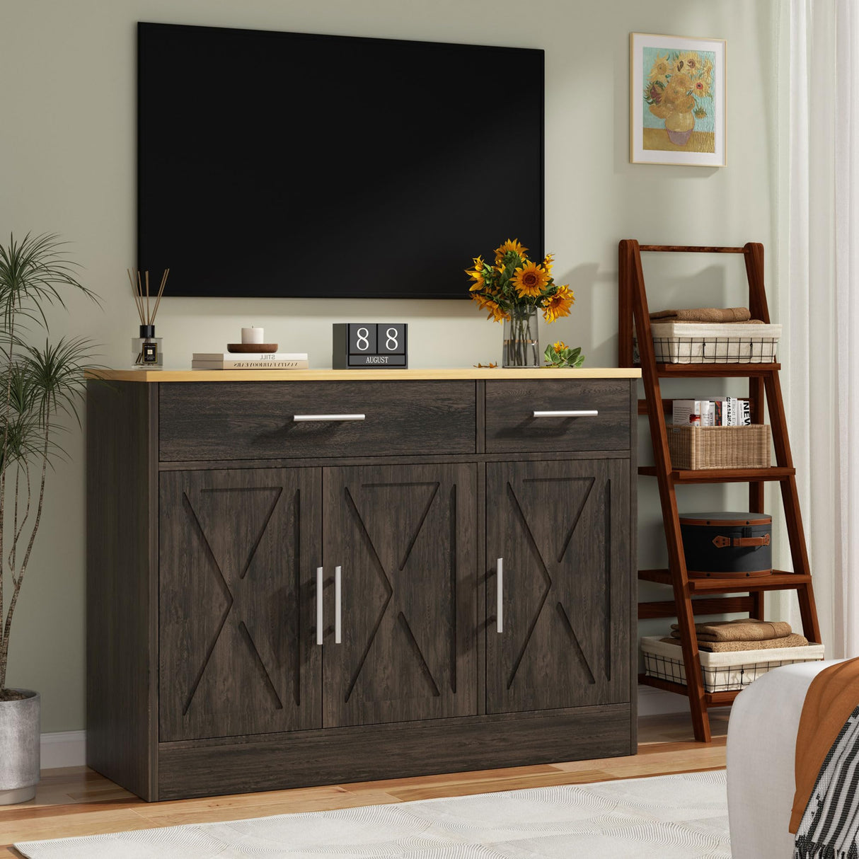 Meilocar Buffet Cabinet with Storage, Coffee Bar Cabinet, Farmhouse Storage Cabinet, Wood Kitchen Cabinet with Drawers and Shelves, Wide Sideboard Cabinet for Dining Room, Living Room, Dark Brown Meilocar