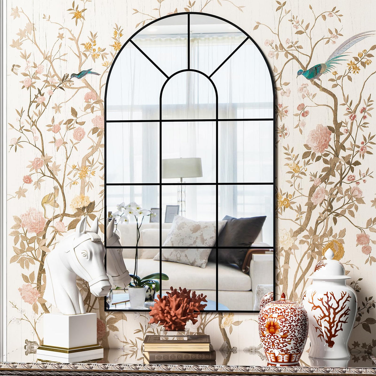 NEUWEABY Arched Wall Mirror, 42"x24" Arched Window Mirror Decorative Wall Mounted, Black Frame Window Pane Mirror Rustic Arch Mirror for Living Room Bedroom Entryway NEUWEABY