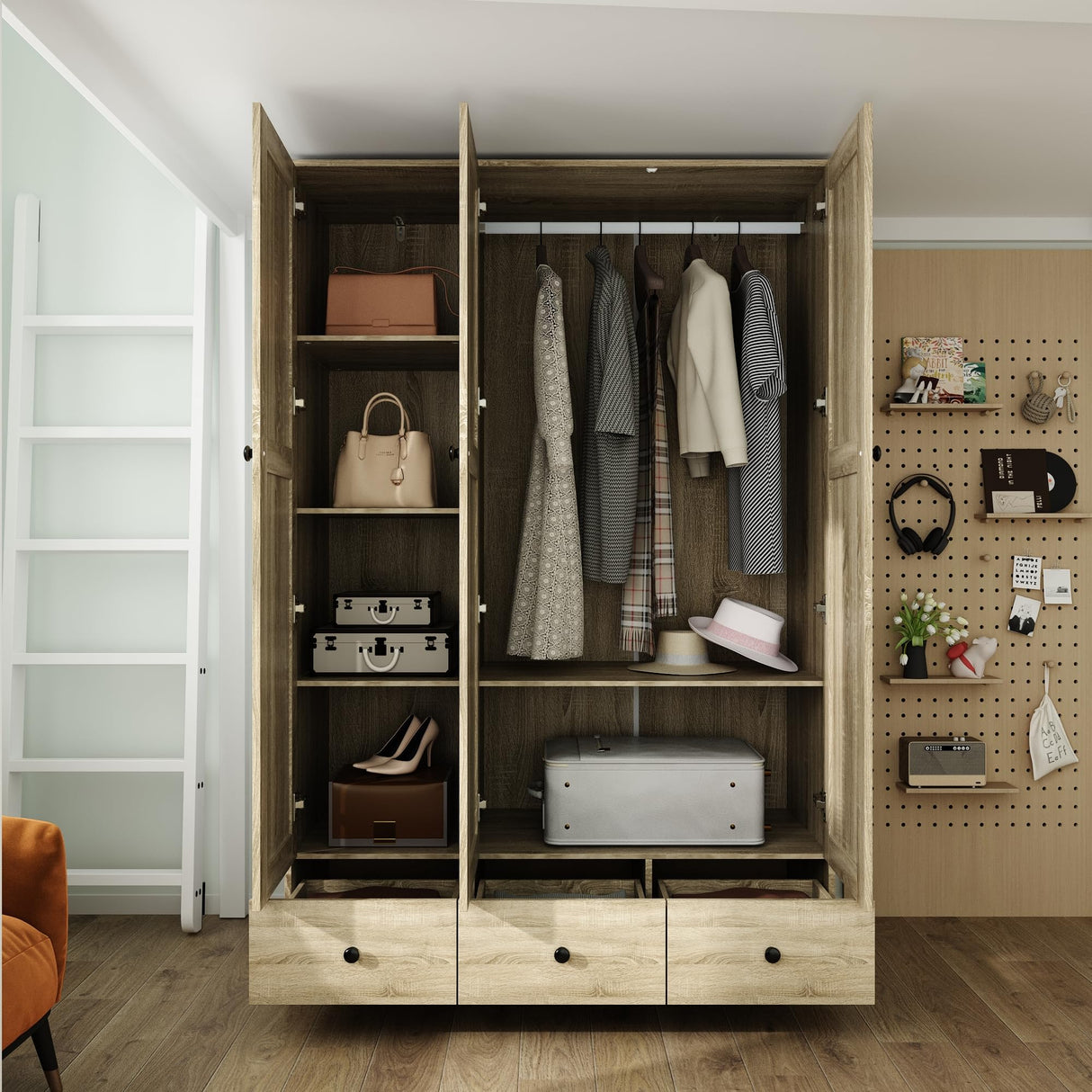 Hitow Ratten Wardrobe Armoire Closet, 3 Door Rattan Closet Wardrobe Cabinet with 3 Drawers & Hanging Rod, Storage Wardrobe Armoire Dresser for Bedroom Organizer (47.2" W x 18.9" D x 70.9" H) Hitow