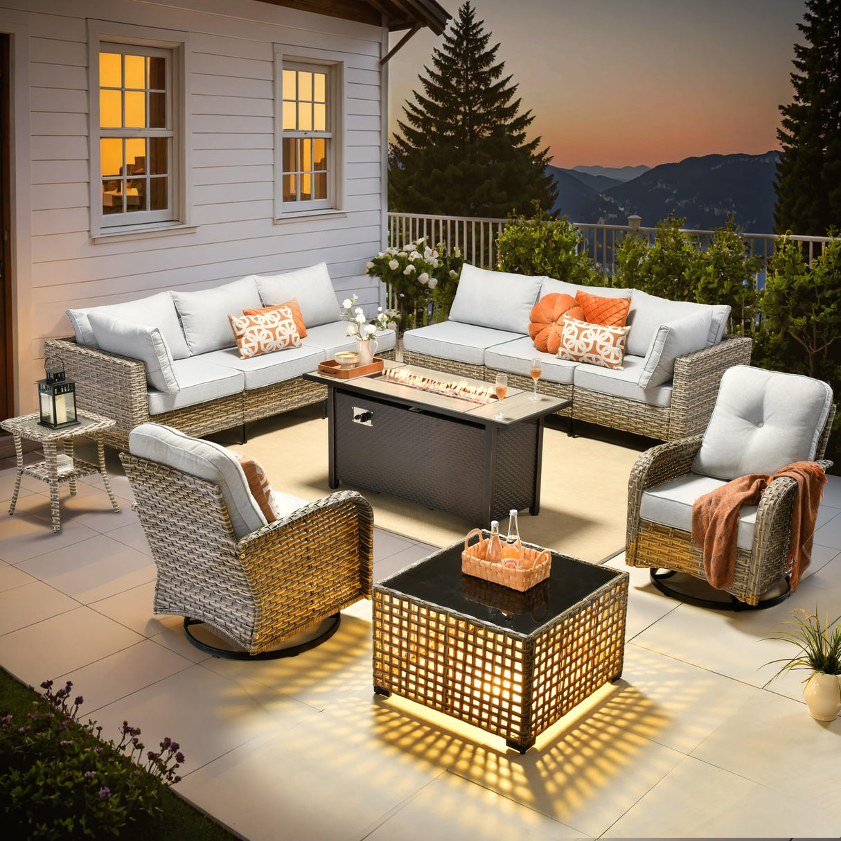 Outdoor Sectional Patio Furniture Set with Fire Pit Table and Swivel Rocking Chairs,11 Pieces Wicker Conversation Sets L Shaped Couch Out Door Sofa Outside Furniture for Garden Deck Yard,Grey POUUIN