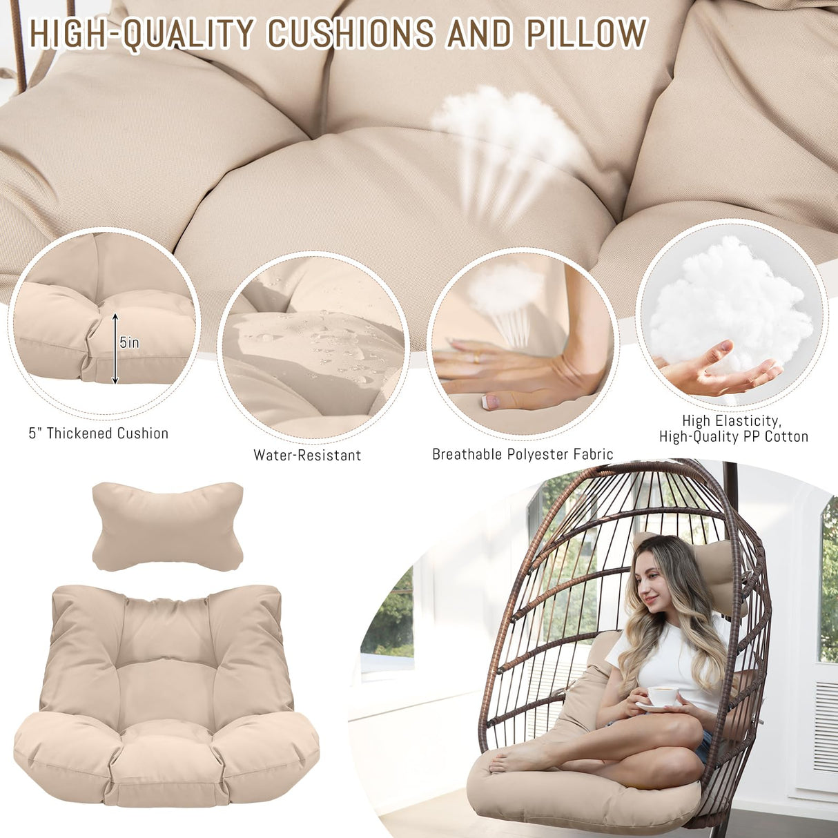 RADIATA Wicker Egg Swing Chair with Stand for Outside, Outdoor Comfy Hanging Egg Patio Chairs with Thick Cushion, 350Lbs Durable Swinging Rattan Chair for Bedroom Porch Backyard Balcony, Brown, Tan RADIATA