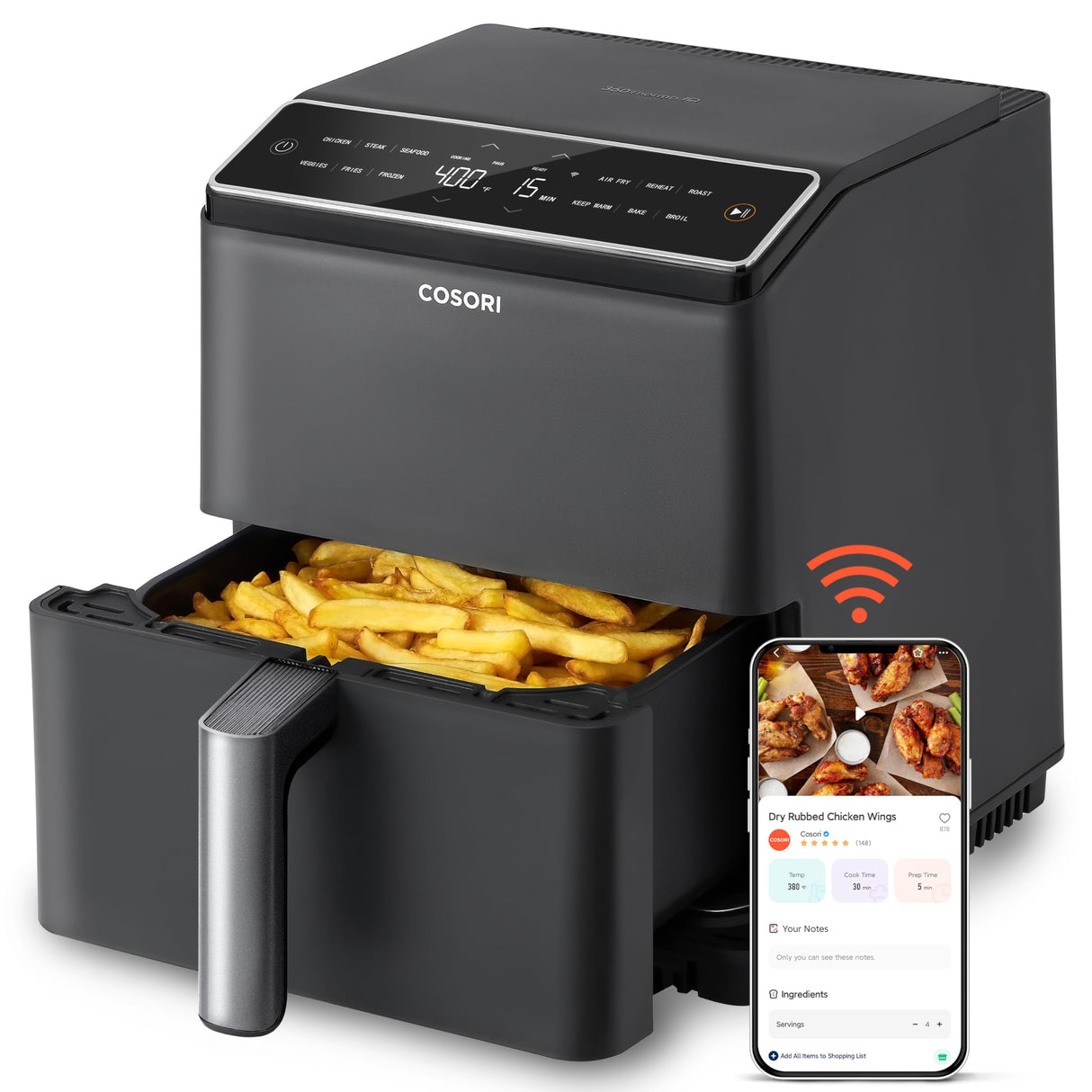 COSORI 6.8Qt Air Fryer, 12-in-1 Dual Blaze for 360ยฐ Crispy Meals, No Shaking & Preheating to Fast Cooking with Bake, Roast, Broil, 100+In-App Recipes, Dishwasher Safe COSORI