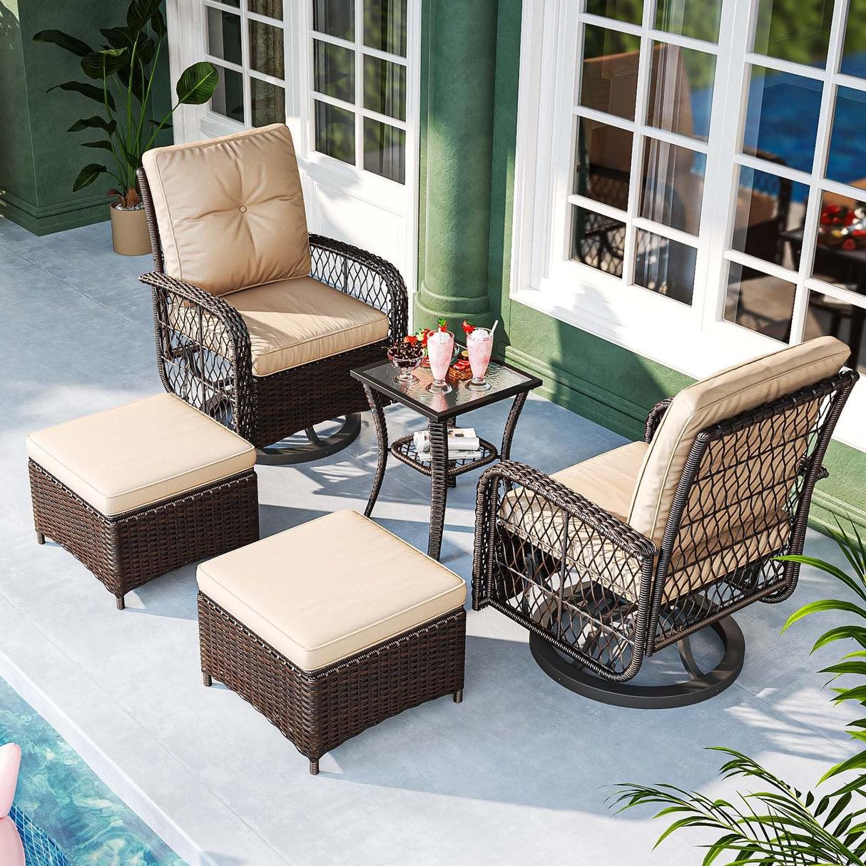 Jolydale 5 Pieces Patio Furniture Set Outdoor Wicker Rattan Swivel Gliders Rocker Patio Bistro Set with Rocking Chairs and Side Table for Deck, Backyard, and Porch, Beige Jolydale