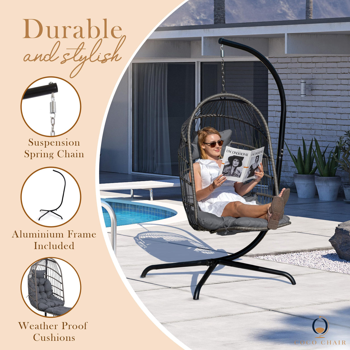 Coco Chair Hanging Egg Chair with Stand & Leg Rest | Modern Outdoor Egg Chair with Pillow | Foldable Swing Chair for Indoor & Outdoor | Dark Gray coco chair