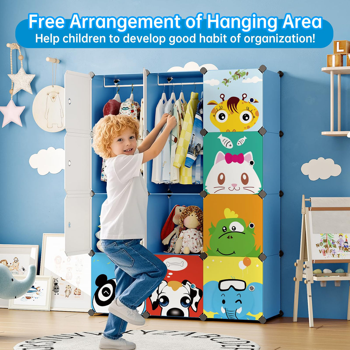 MAGINELS Kids Closet,Baby Wardrobe Closet with Door,Cute Portable Armoire Dresser,Clothes Hanging Storage Rack for Boy Bedroom,Blue,12 Cube(14x14inch) MAGINELS