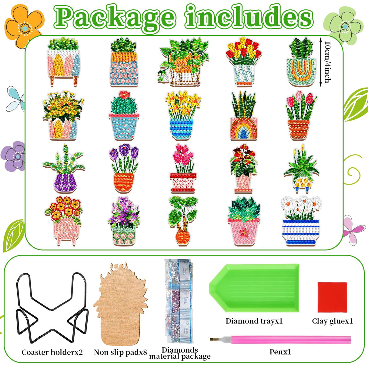 Honeydak 20 Pcs Spring Diamond Painting Coasters Flower Diamond Art Coasters with Holder Wooden Spring Potted Plants Diamond Coasters 5D Diamond Art Kits for Adults DIY Crafts Beginner Gifts Supplies Honeydak