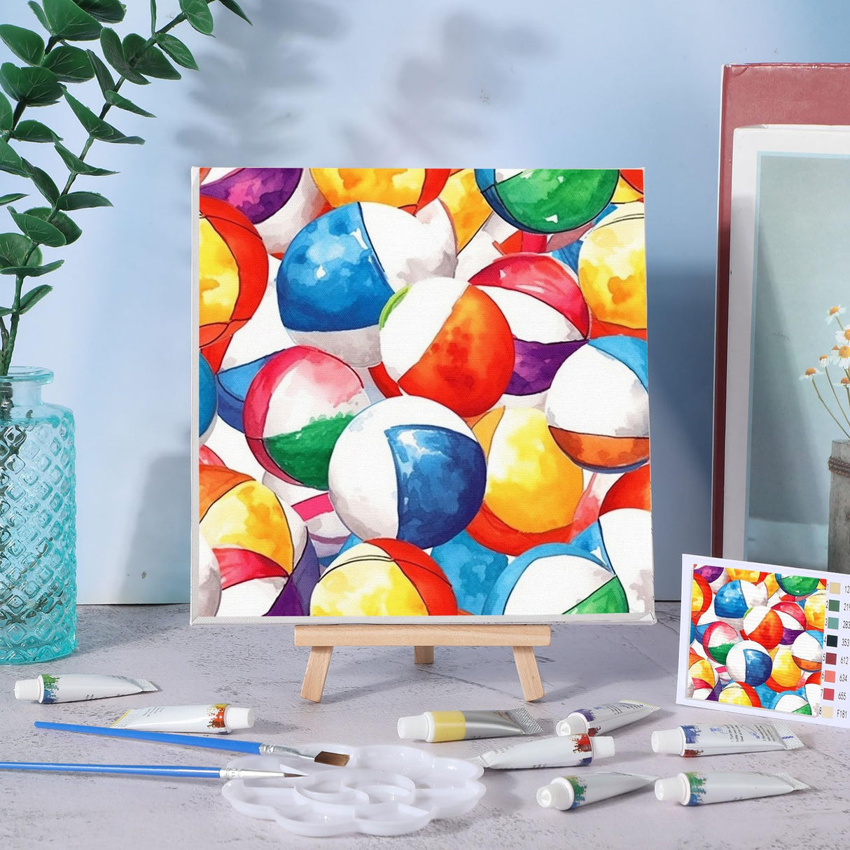 MotiMind 12 Sets Framed Paint by Number Kit for Adults with 12 Wooden Easels, 12 Disposable Apron, 12 Pigment 12 Brush, 12 Palette, DIY Acrylic Paint by Number Kits for Party(Summer) MotiMind