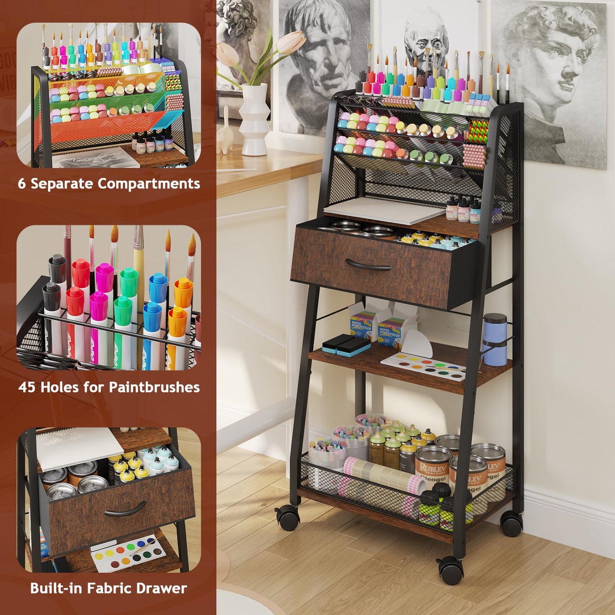 Homsorout 3 Tier Rolling Cart - Metal Utility Cart with Storage Drawer and Wheels, Versatile Art & Craft Organizer for Home, Office, or Studio - Ideal for Storing Brushes, Paints, and Supplies Homsorout