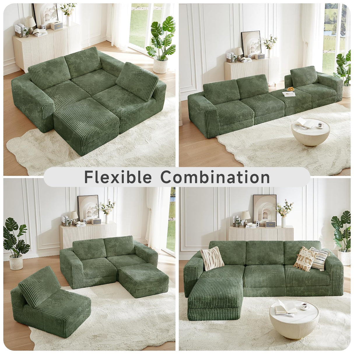 ONBRILL 110" Modular Sectional Sofa, L Shaped Couch 4 Seater with Sleeper Chaise, Sectional Couch with Deep Seat,Upholstered Corduroy Cloud Couches for Living Room,Bedroom,No Assembly Required,Green ONBRILL
