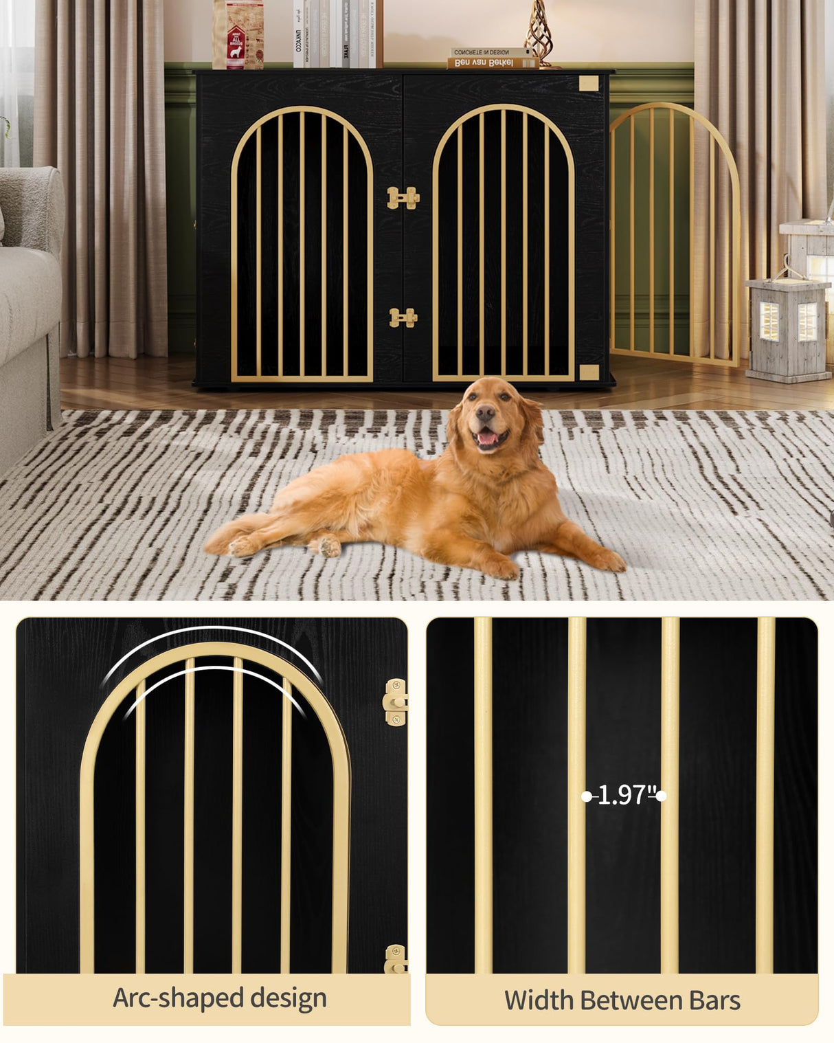 Hzuaneri 44.1'' Dog Crate Furniture, Dog Kennel Indoor Arched Door Design, 3 Door Wooden Dog Crate Furniture for Small/Medium/Large Dog, Side Table, TV Stand, Anti-Chew, Anti-Escape, Black Gold Hzuaneri
