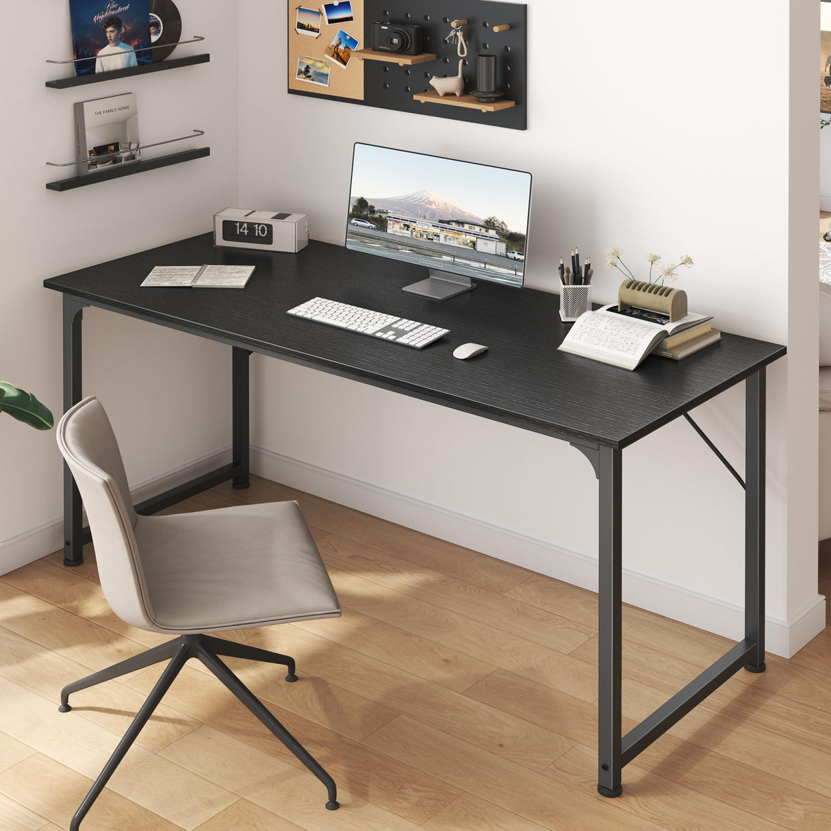 Huuger Computer Desk, 55 Inch Office Desk, Gaming Desk with Storage, Writing Desk Work Desk for Home Office, Study, Modern Simple Desk, Large Legroom, Metal Frame, Black Huuger