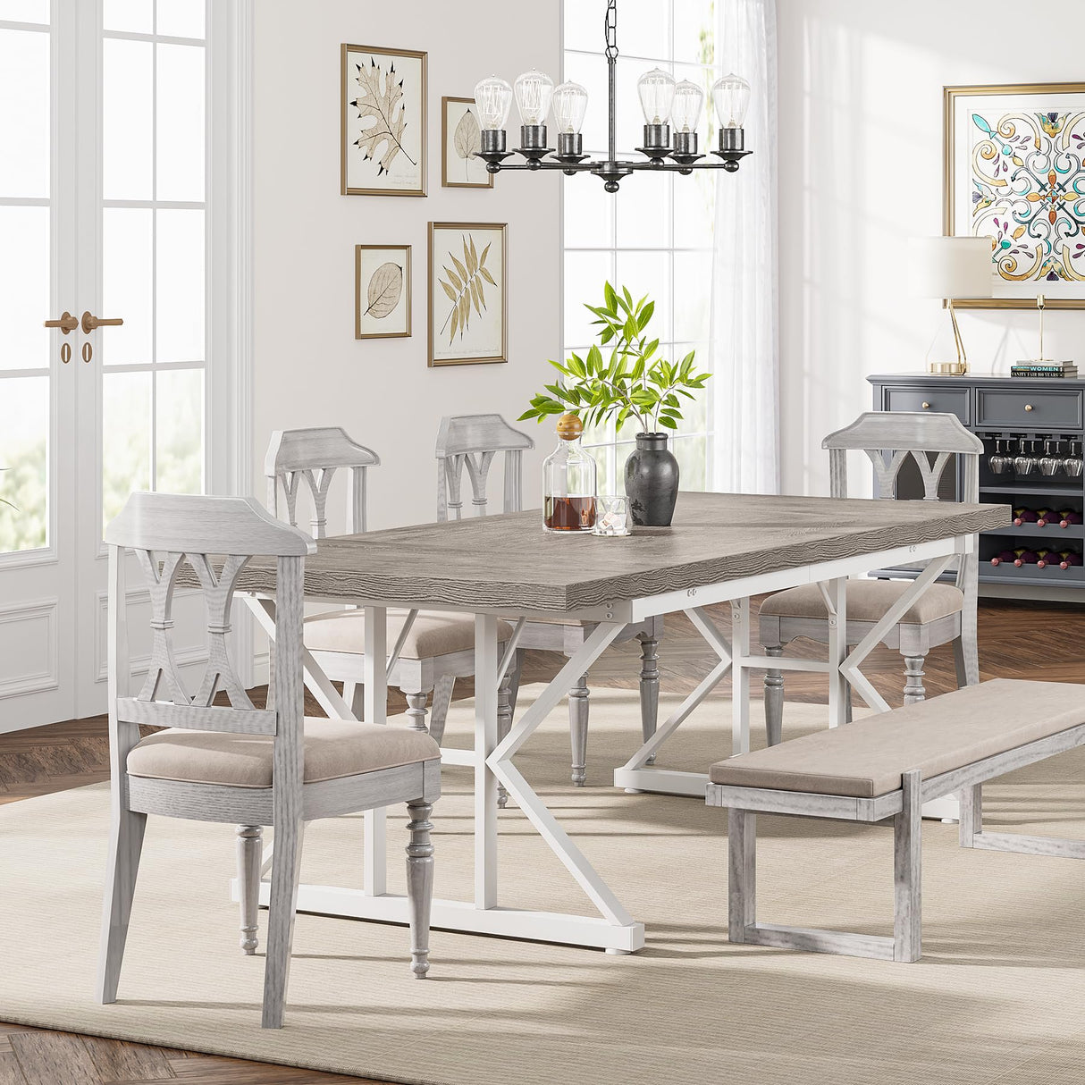 Tribesigns Farmhouse Dining Table for 6 People, 70.8-Inch Rectangular Wood Dining Table, Rustic Kitchen Table with Heavy Duty Metal Legs for Dining Room(Grey) Tribesigns