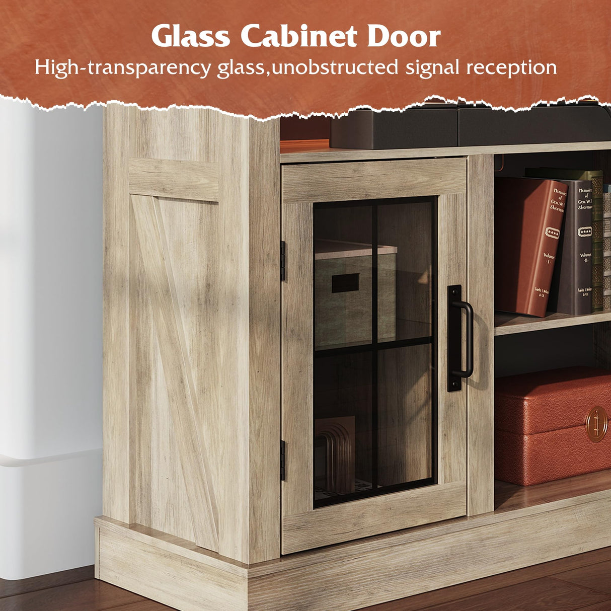 WLIVE Farmhouse TV Stand for 65 Inch TV, Tall Entertainment Center with LED Lights, Mid Century Modern TV Console wirh Open Shelves and Glass Cabinet Doors for Living Room and Bedroom, Gray Oak WLIVE