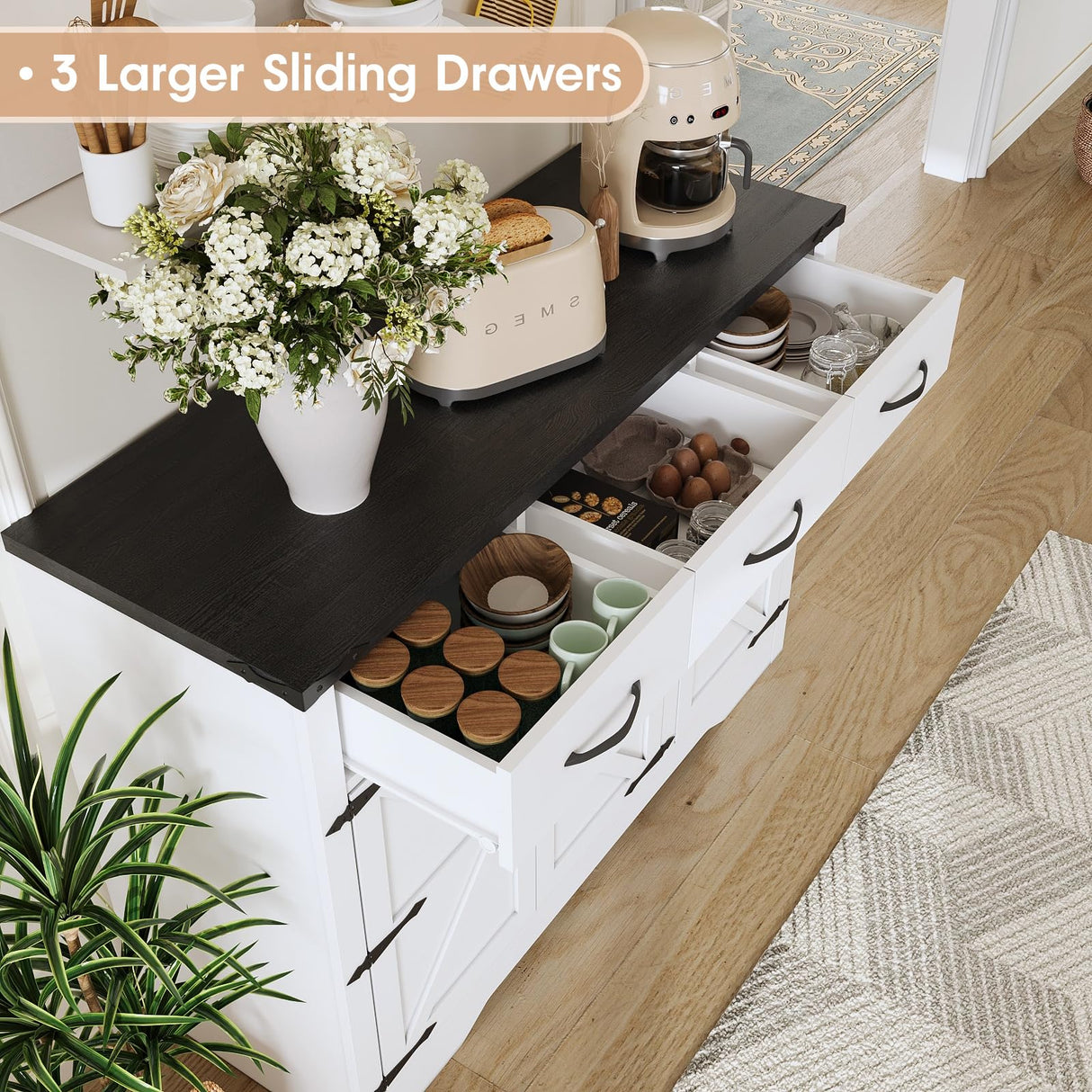 Maupvit 42.5" Sideboard Buffet Cabinet with Storage,Farmhouse Coffee Bar Cabinet with 3 Drawers & 3 Barn Doors, Wood Cupboard Buffet Table Storage Cabinet for Kitchen, Dining Room, Living Room, White Maupvit