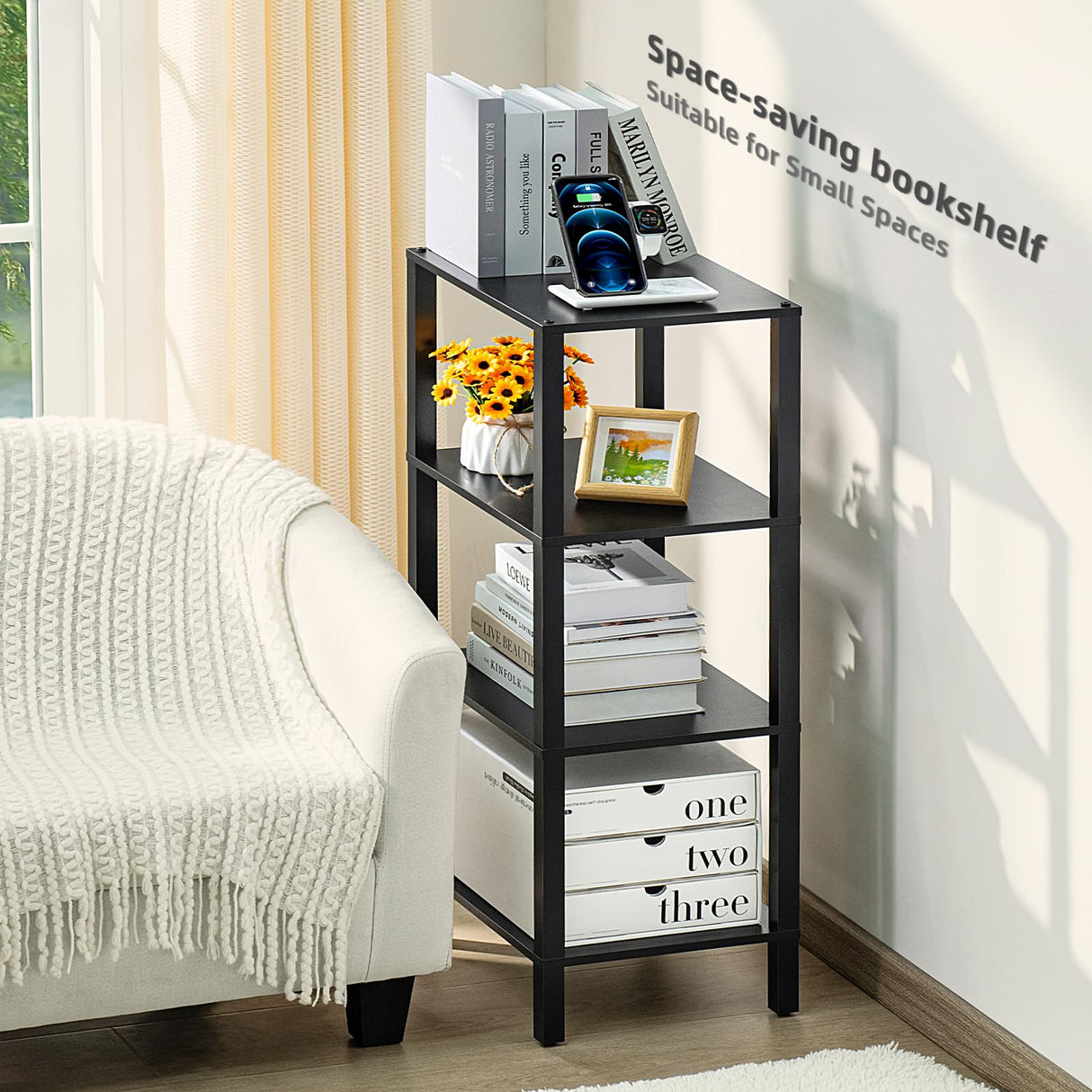 YUFAM 4 Tier Tall Wooden Bookshelf with Storage - Small Bookcase for Small Spaces, Shelf for Living Room, Office, Bedroom, Kitchen - Industrial Modern Black Book Shelf