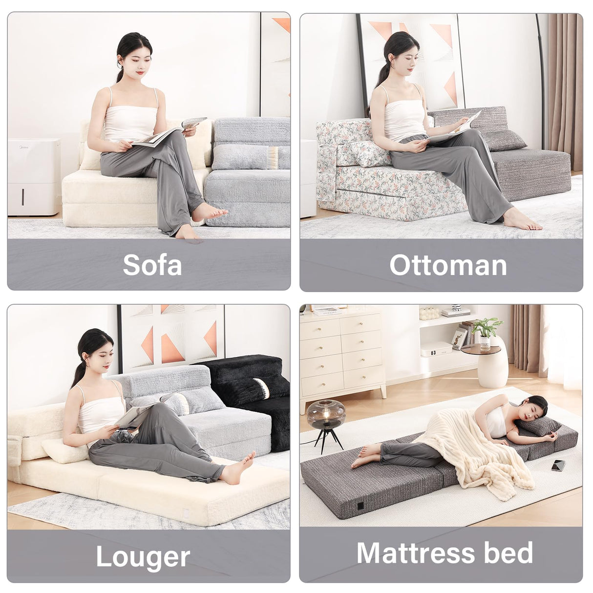 Tiita Folding Sofa Bed Couch,Single Size Foldable Futon Chair Bed with Pillow, Folding Sleeper Sofa Chair Bed Floor Mattress for Guest Room, Living Room, Beige Tiita