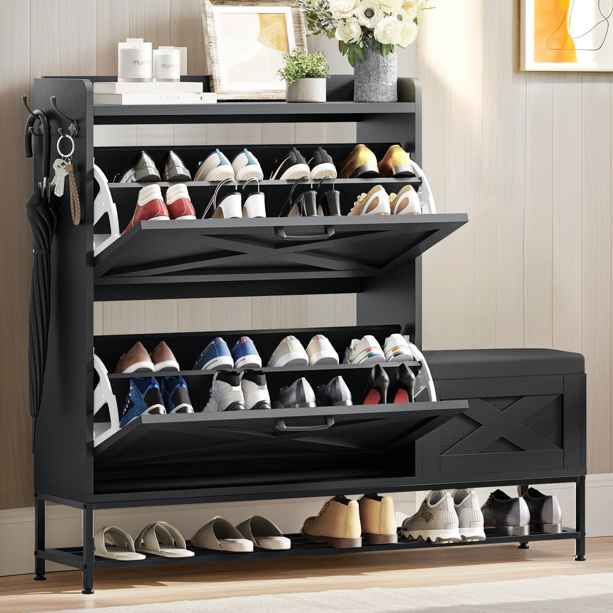 DWVO Farmhouse Shoe Cabinet, Slim Shoe Storage Cabinet with Bench, Narrow Shoe Organizer for Entryway, Living Room, Hallway (Black) DWVO