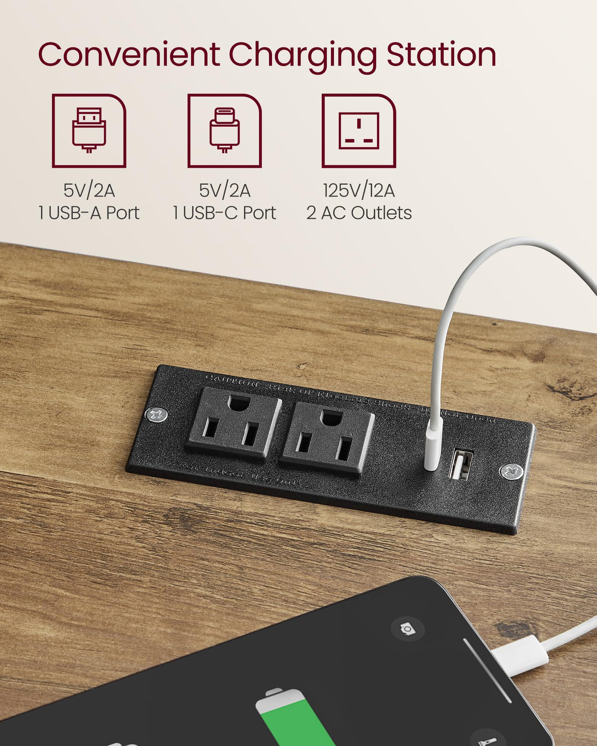 VASAGLE Farmhouse Nightstand with Charging Station, Bedside Table with Drawer, Open Compartment, Side Table with Storage, for Bedroom, Rustic White VASAGLE