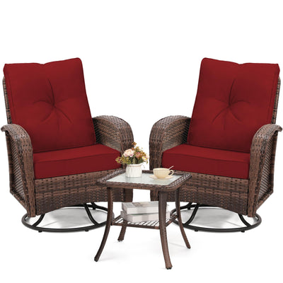 wildformers 2 Luxury Outdoor Swivel Wicker Glider Patio Chairs with Table Set, Overstuffed Washable Cushions, Ideal for Porch, Balcony, Deck, Brown Rattan and Red Cushions