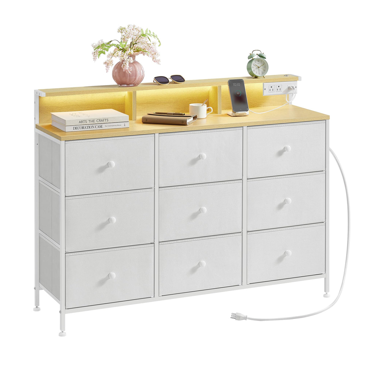 SONGMICS Dresser for Bedroom, Storage Organizer with 9 Fabric Drawers and LED Lights, Charging Station, Steel Frame, 13.2 x 44.9 x 33 Inches, Entryway, Cloud White ULTS519W01 SONGMICS