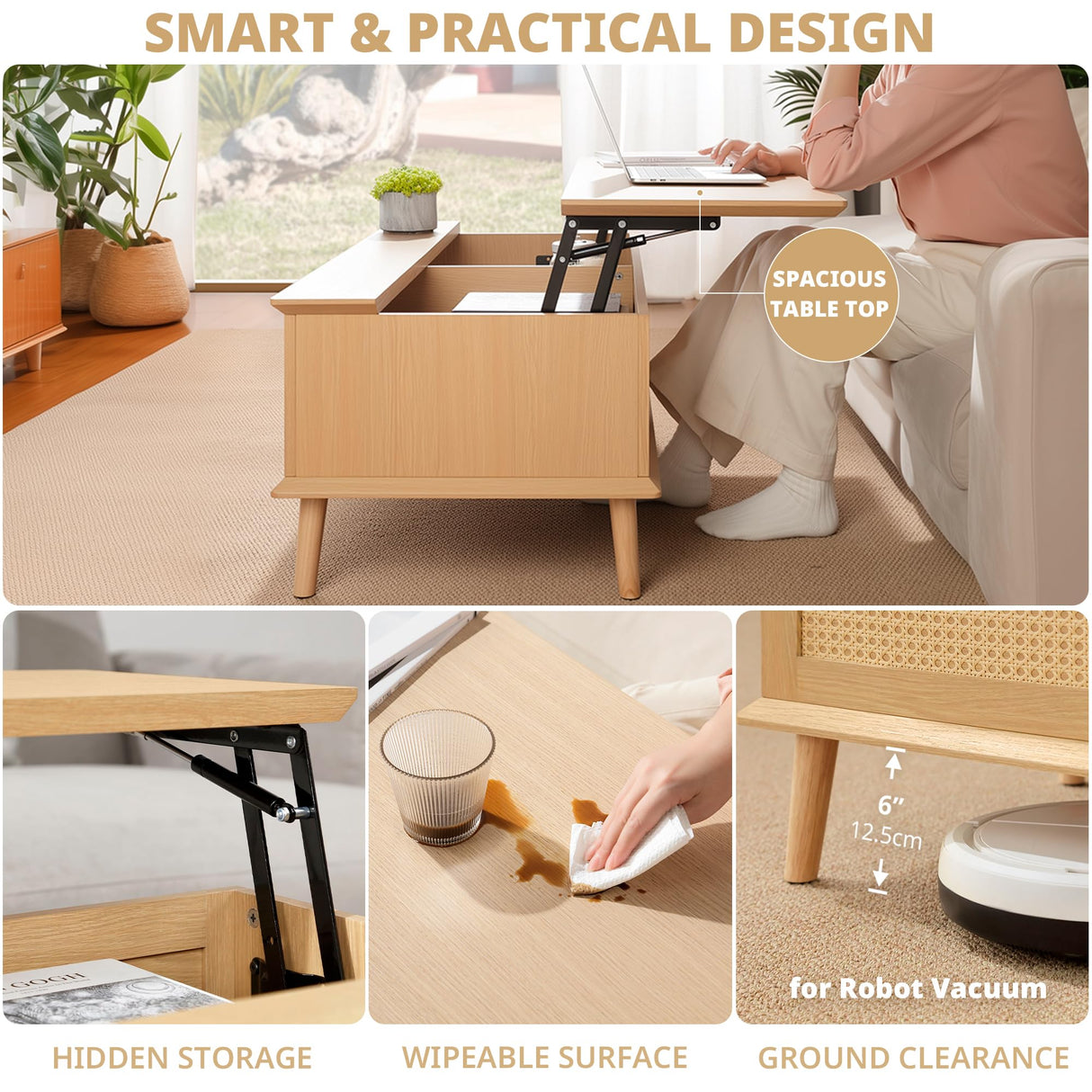 INK+IVY Coffee Table for Living Room Lift-Top Design with Storage, with Rattan Accent, Mid-Century Modern Décor Compact Furniture for Apartment, Home Office, 42" W, Natural INK+IVY