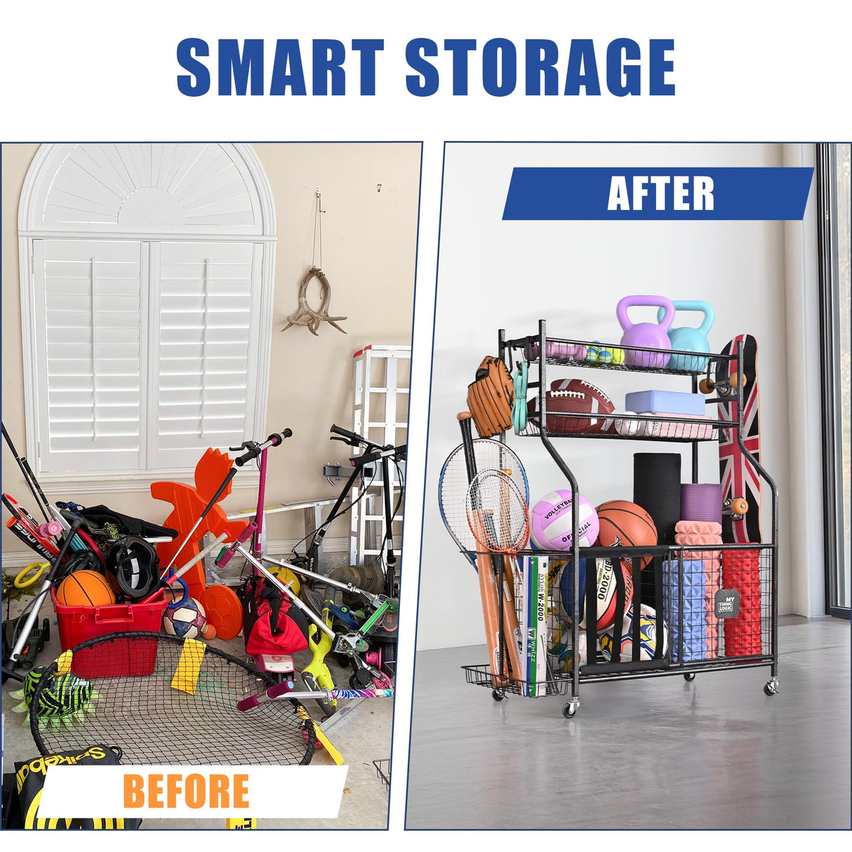 Mythinglogic Garage Sports Equipment Organizer, Baseball Storage Large Capacity, Sports Organizer for Garage with Hooks and Baskets, Ball Storage Rack for Football, Soccer Ball, Bat, Toys Mythinglogic