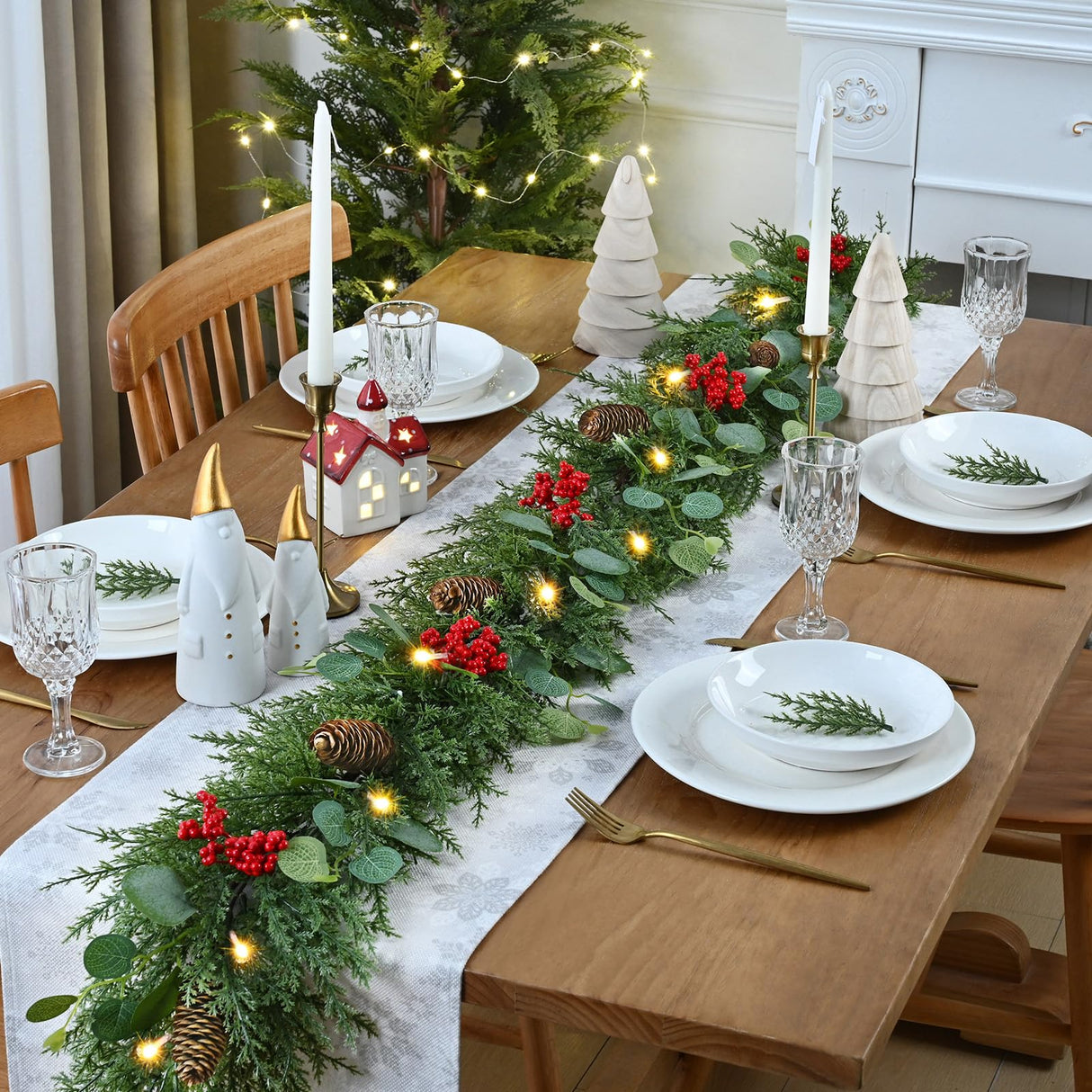 Waipfaru Christmas Decorations, 5.9FT Christmas Garland with Lights, Prelit Lighted Christmas Greenery Cedar Garland Cypress for Home Table Mantel Stair Railing Indoor Outdoor Xmas Decor Waipfaru