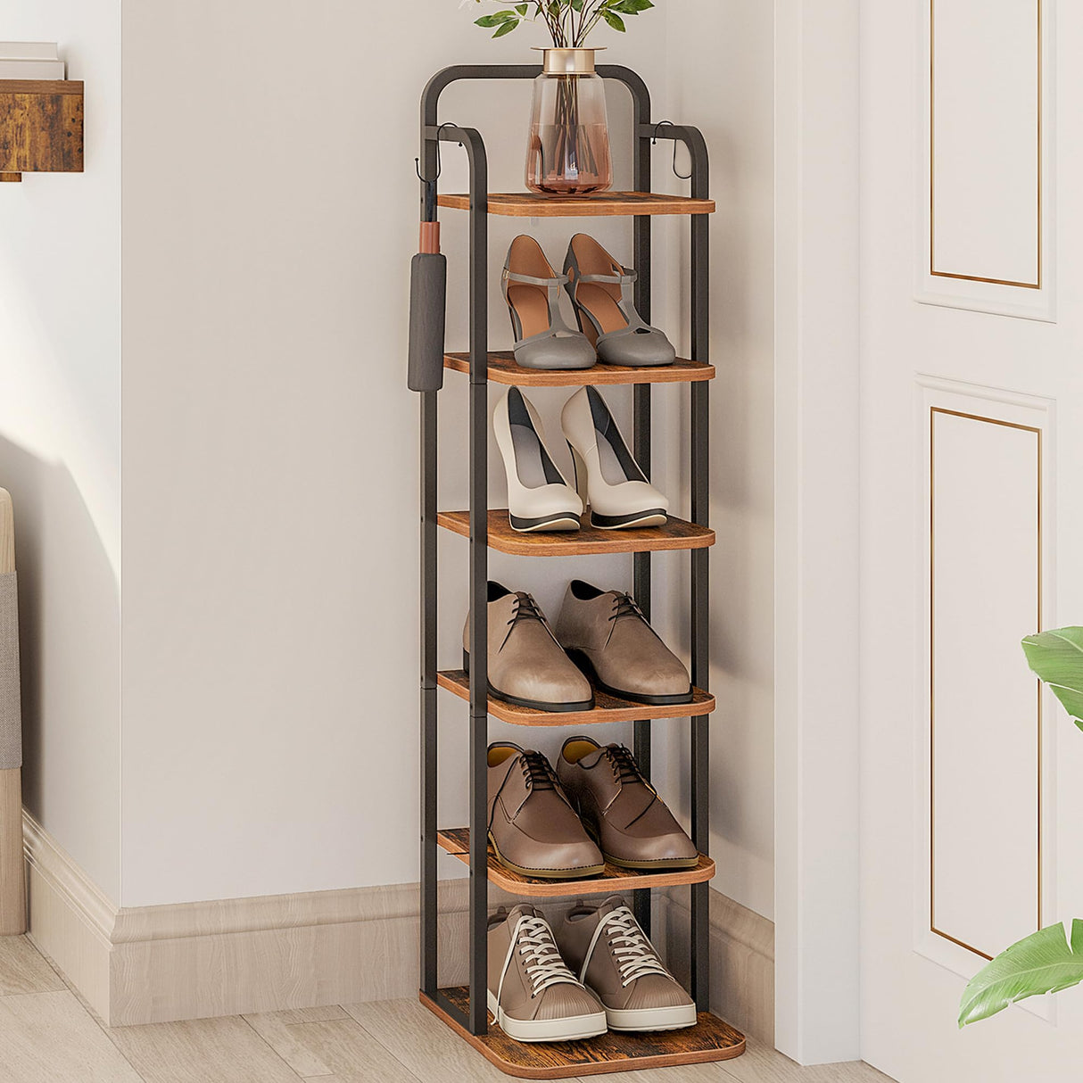 Hzuaneri 6 Tiers Vertical Shoe Rack, Narrow Shoe Tower, Tall Shoes Shelf with 2 Hooks, Adjustable Shelves, Corner Shoes Shelves for Small Spaces, Entryway, Living Room, Rustic Brown SR04201B Hzuaneri