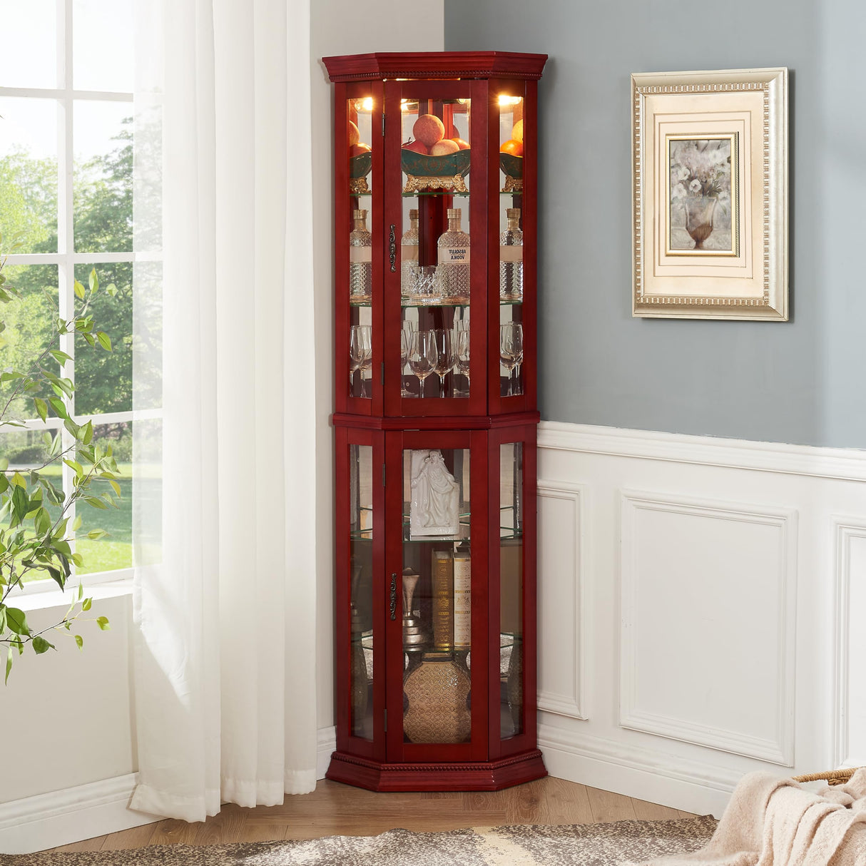 nifoti 69" H Lighted Curio Cabinet Corner Display Case, Corner Glass Cabinet with Tempered Glass Door & Adjustable Shelves, Wooden Corner Curio Cabinet w/Mirrored Back Pane for Living Room(Cherry) nifoti