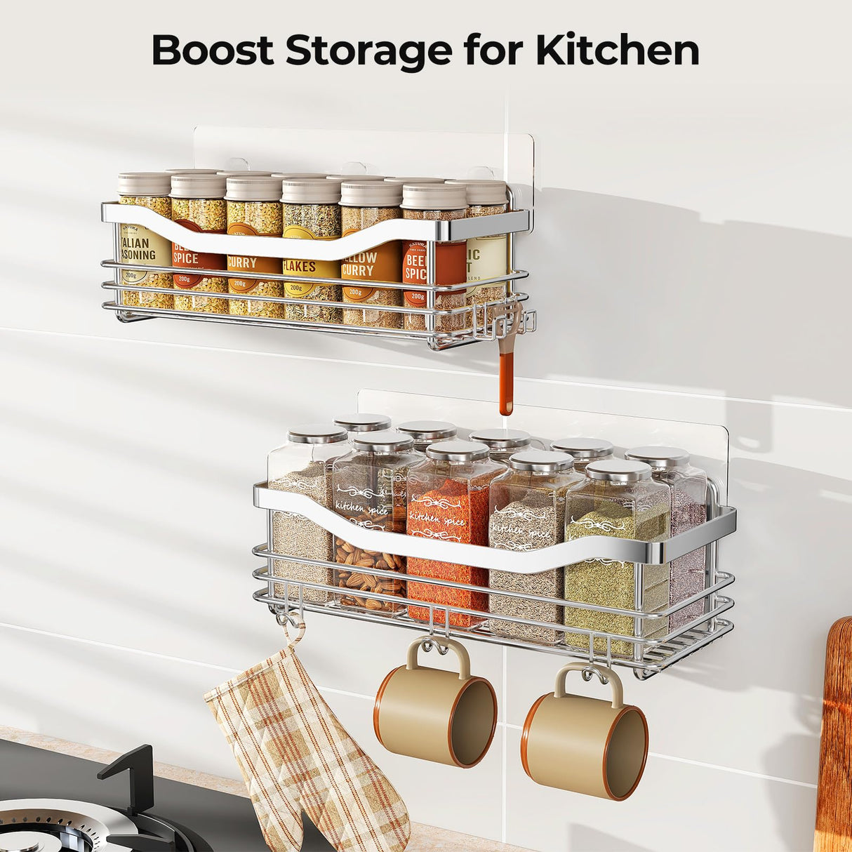 Orimade Shower Caddy Basket Shelf with 5 Hooks Adhesive Organizer Storage Rack Rustproof Wall Mounted Stainless Steel No Drilling for Bathroom, Toilet, Kitchen - 2 Pack Orimade