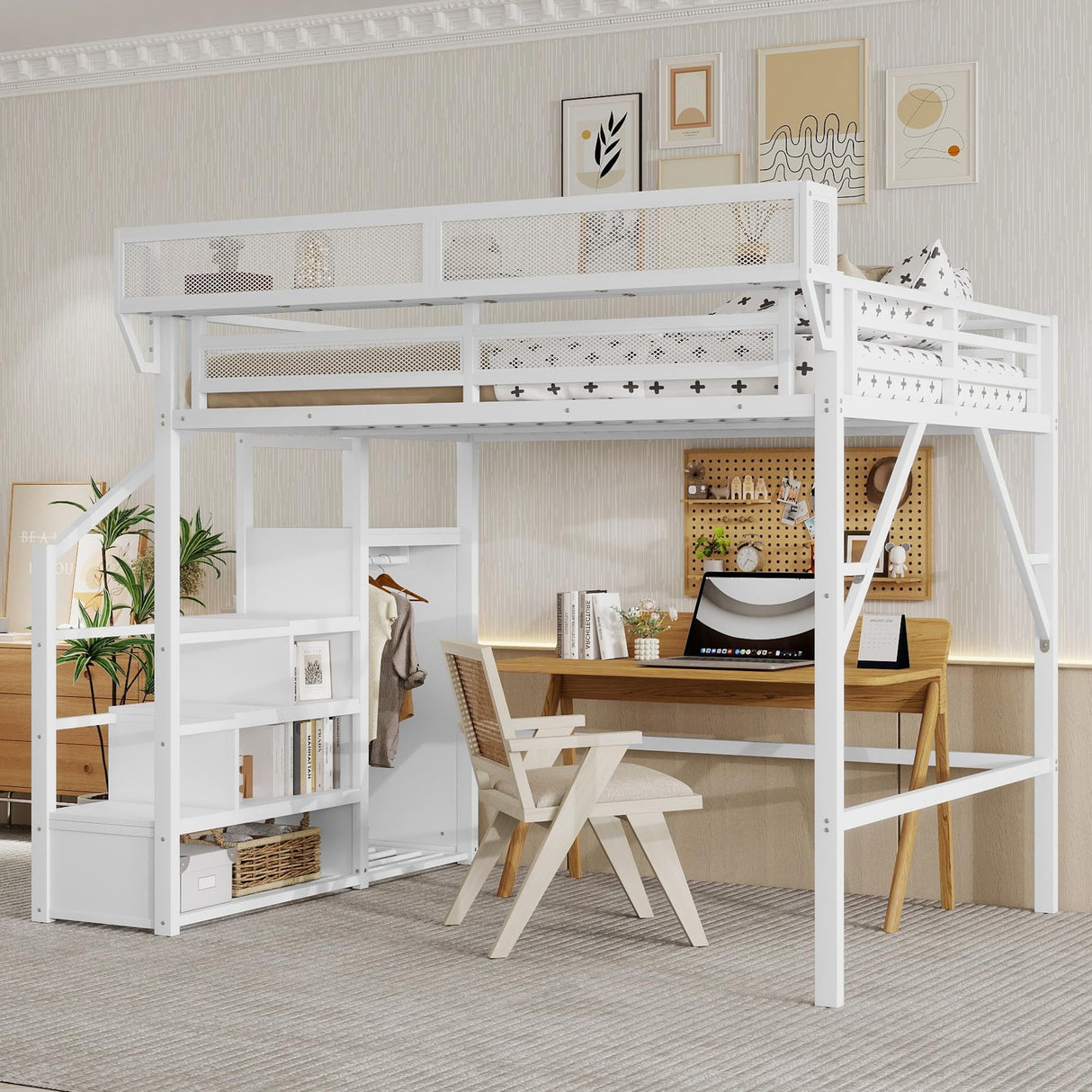 Duxelifin Queen Size Loft Bed with Staircase, Metal Loft Beds with Storage Shelves & Wardrobe, High Lofted Bed Frame, Loft Tall Bed for Boys Girls and Teens, No Box Spring Needed (White) Duxelifin