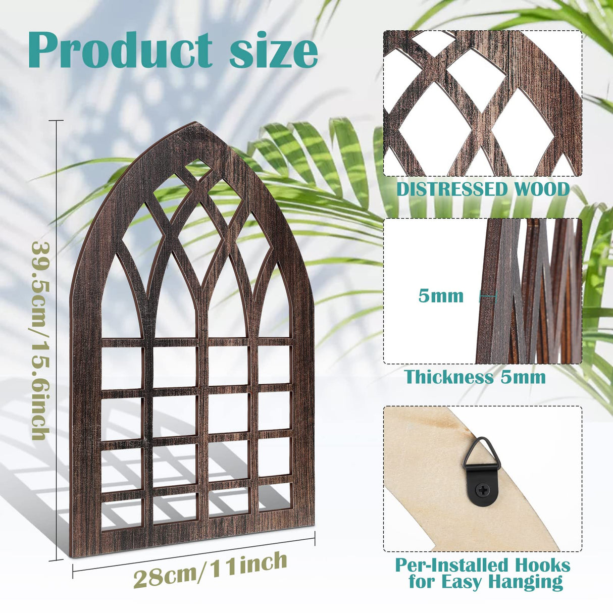 Yulejo 2 Pcs Rustic Window Frame Wall Decor Wooden Farmhouse Wall Decor 15.75'' x 11'' Arched Cathedral Window Home Decor Fake Window Pane Wall Art for Entryway Living Room Bedroom(Dark Brown) Yulejo