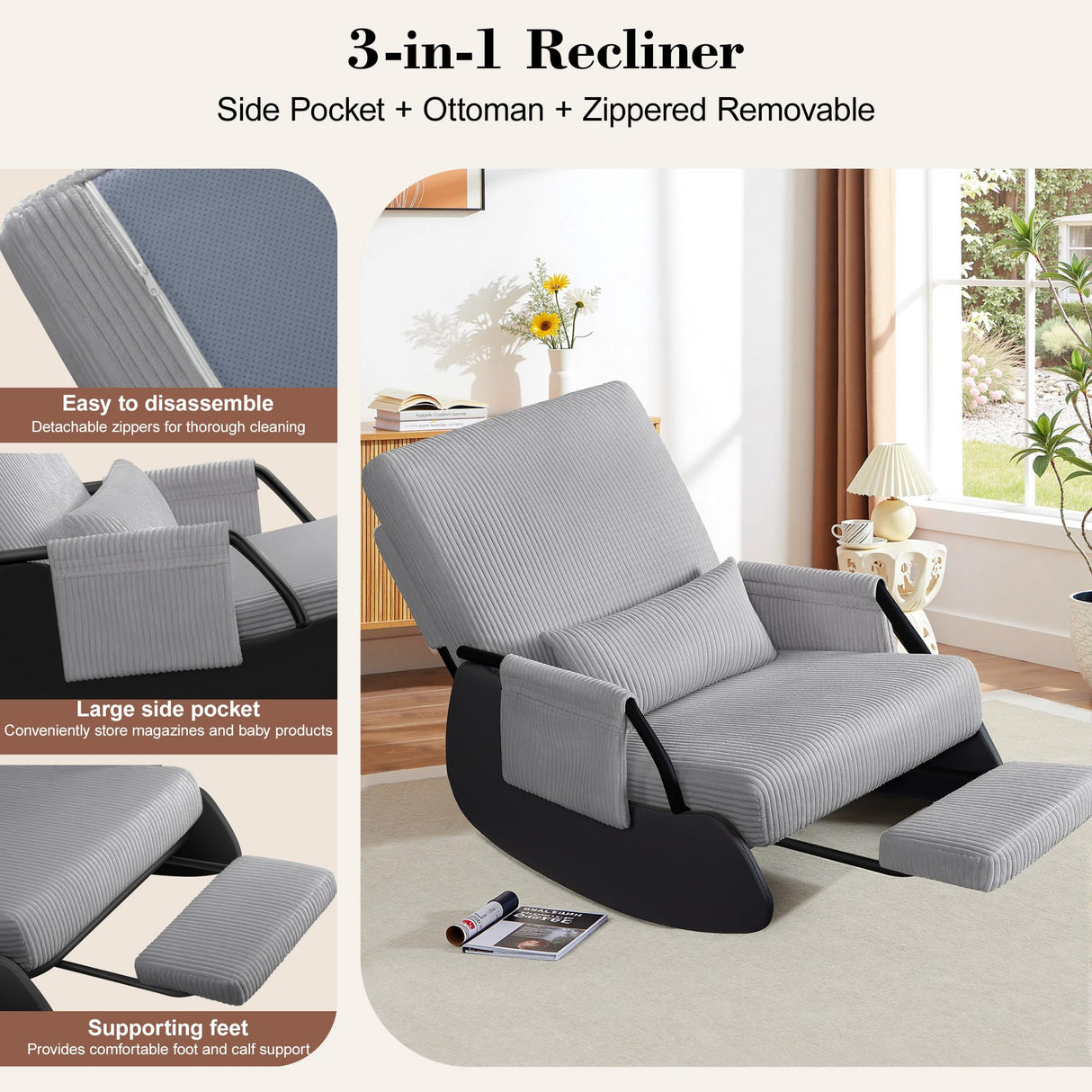 FelixKing Rocking Chair Nursery, Low-Seat Glider Chair, Upholstered Rocking Chair with Side Pocket and Foot Rest, Comfortable Modern Accent Armchair Recliner for Mom Nursery Living Room Bedroom Grey FelixKing